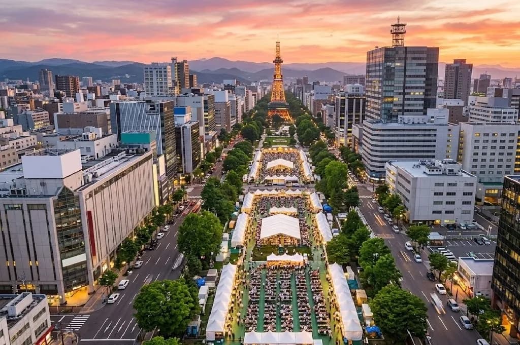 An expansive aerial view of the outdoor beer garden in Odori Park at sunset, showing long rows of white tents and tables stretching toward the distant Sapporo TV Tower.