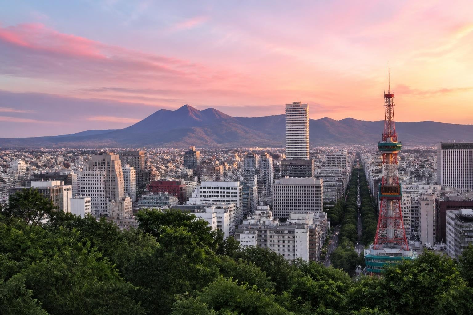 Sunset over a dense city with a mountain range in the distance; a tall white skyscraper and a red communications tower rise among gray buildings, with green trees in the foreground.
