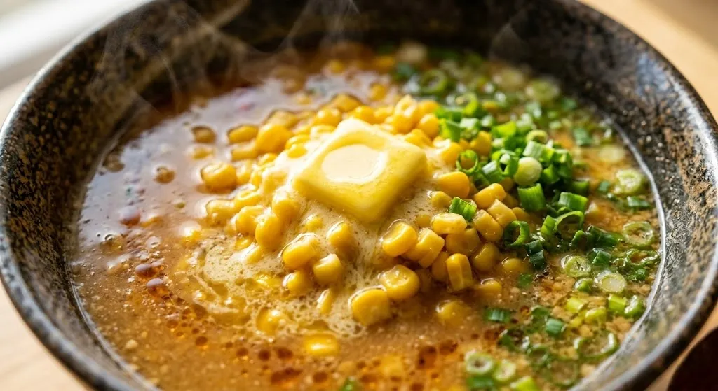 A detailed close-up shot of a square pat of butter melting over bright yellow sweet corn kernels in a steaming bowl of rich Sapporo miso ramen broth.
