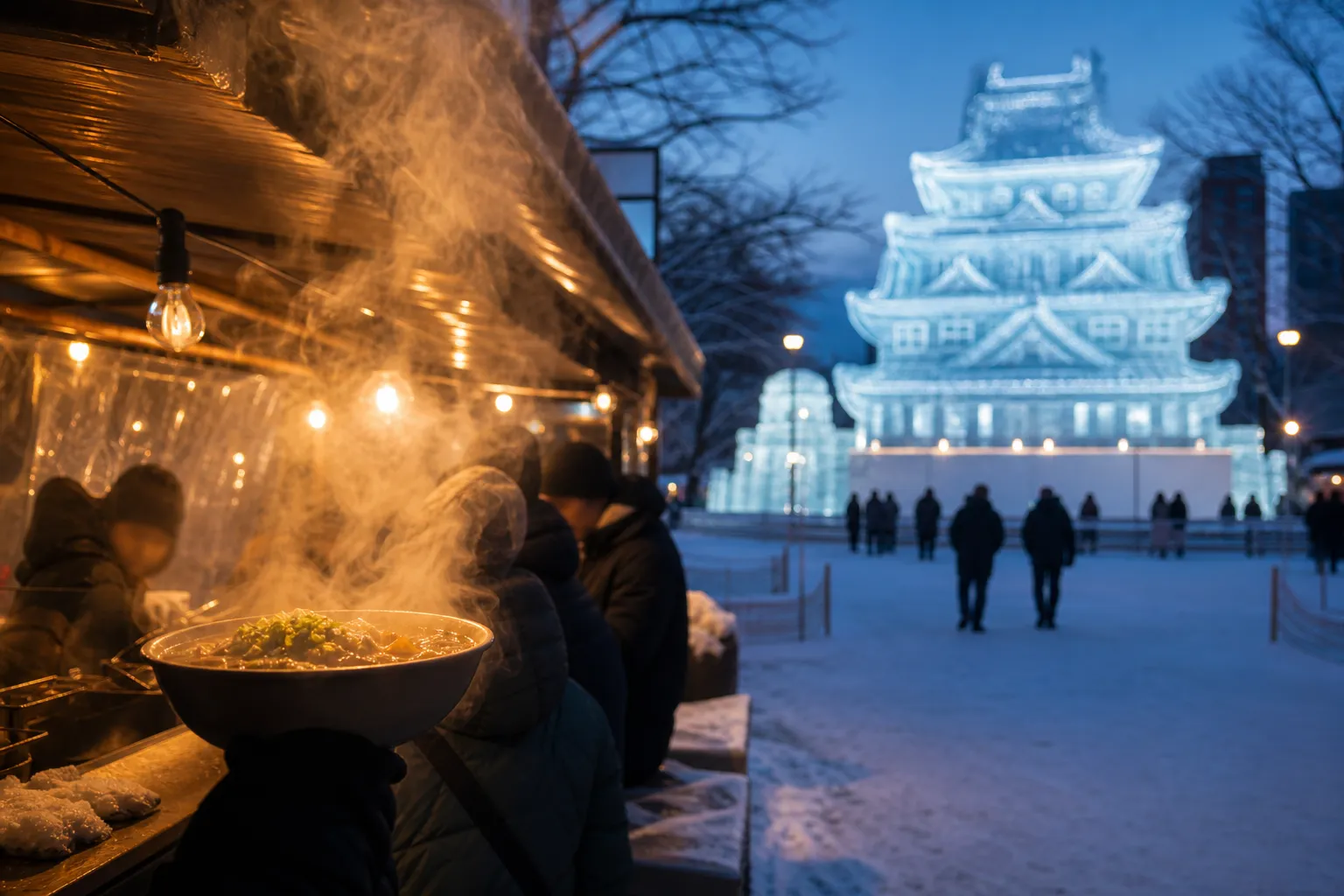 A night view of the Sapporo Snow Festival featuring massive illuminated ice sculptures and crowded food stalls with steam rising from large pots of hot soup in Hokkaido.
