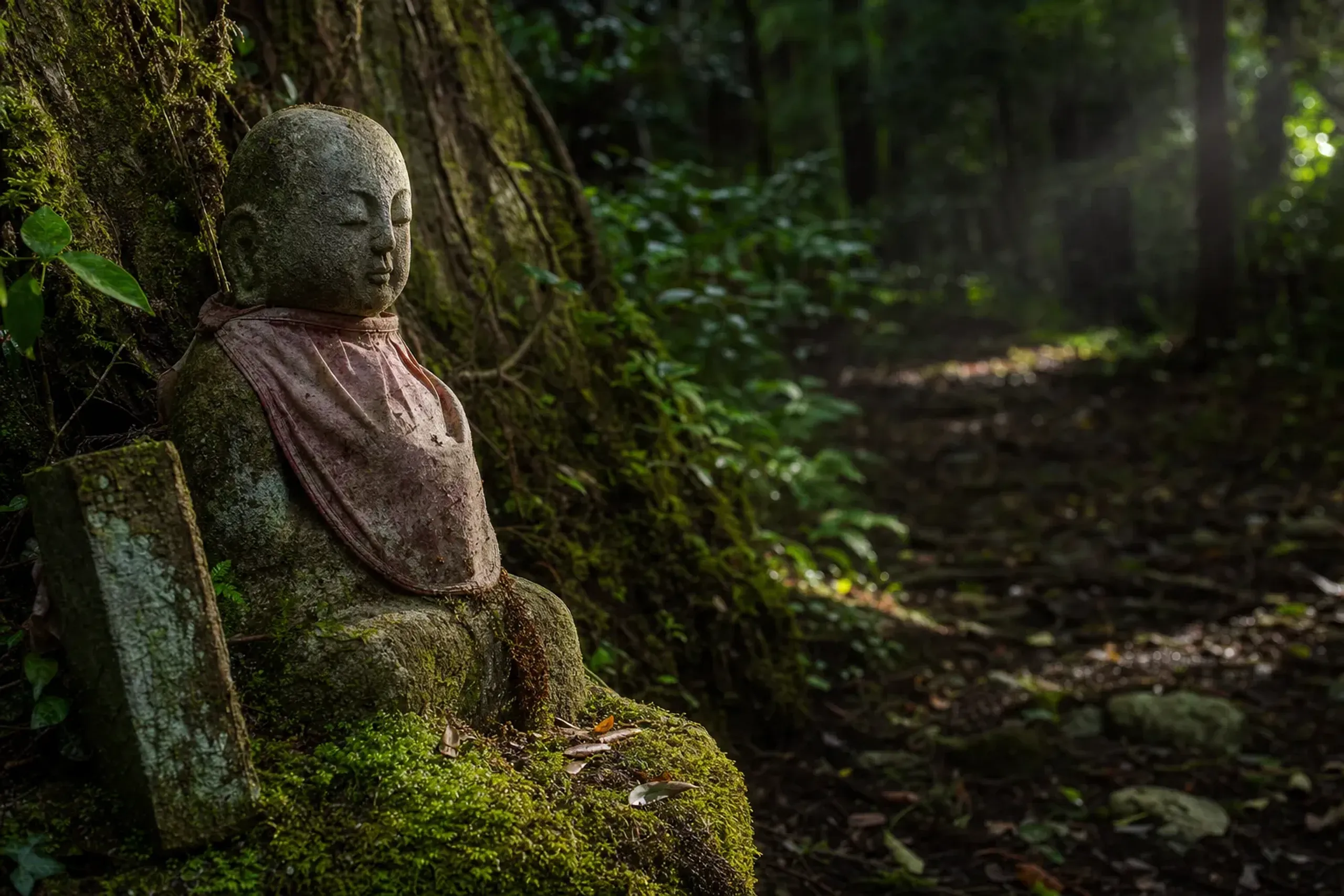 a small wayside Jizō shrine and weathered stone marker along the Sasaguri compressed pilgrimage route