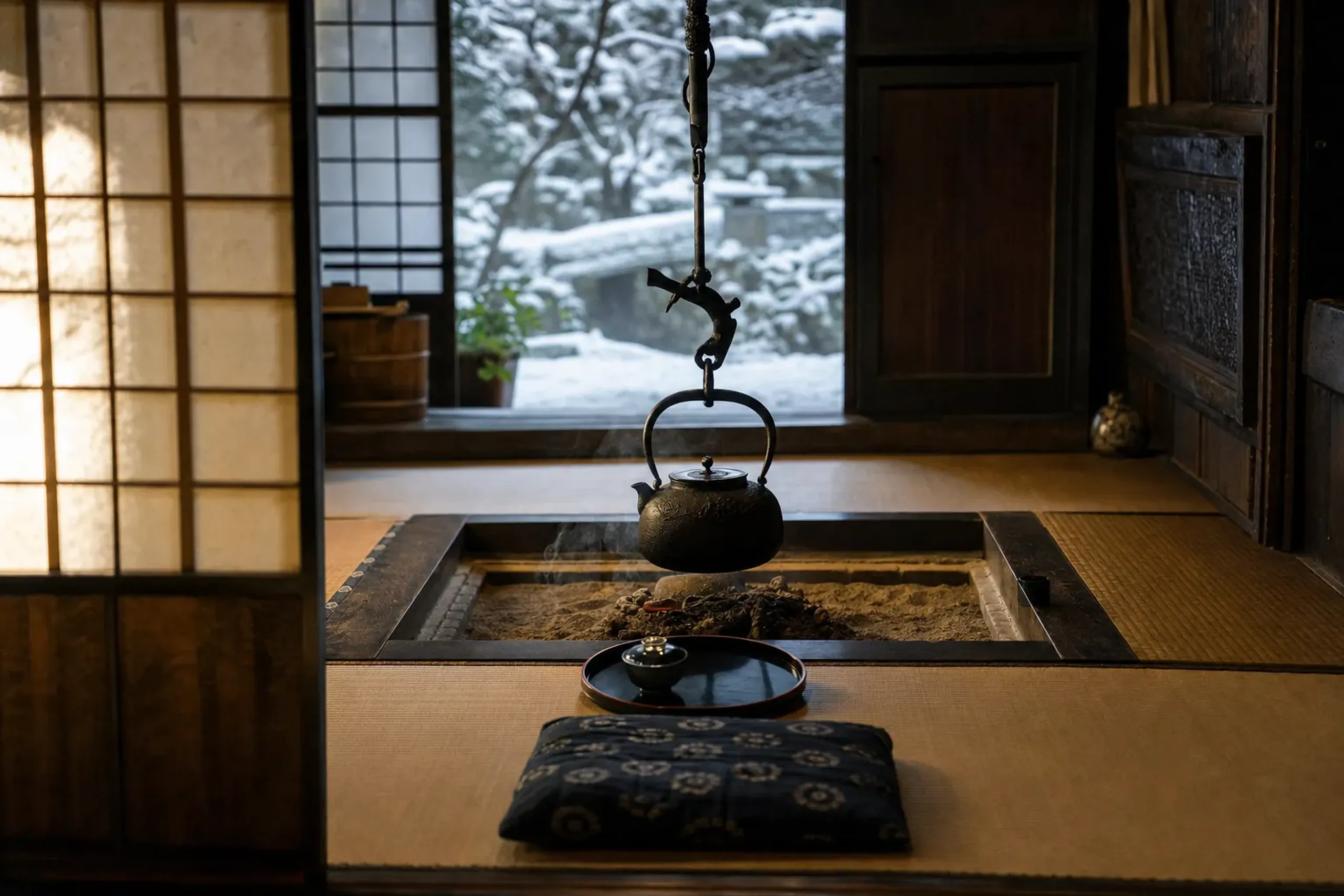 the empty tatami-floored dining room of the Edo-period farmhouse with the irori open hearth at its center, set for a single private party
