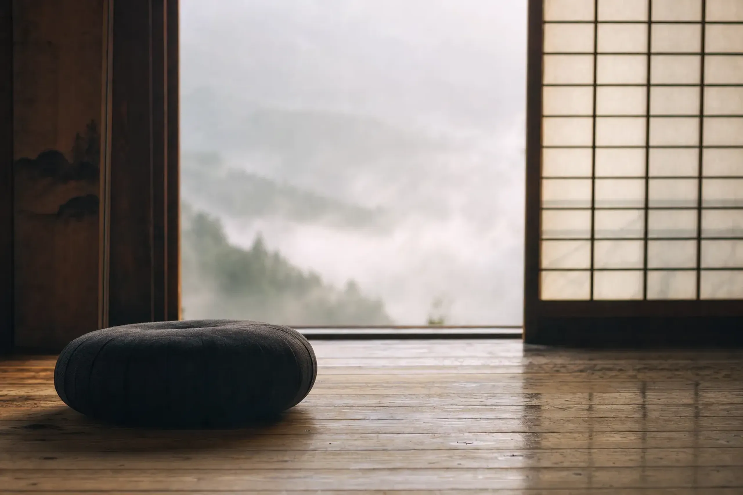 a quiet zazen meditation cushion placed on pine flooring beside a sliding shoji screen open to the misty Fukano valley