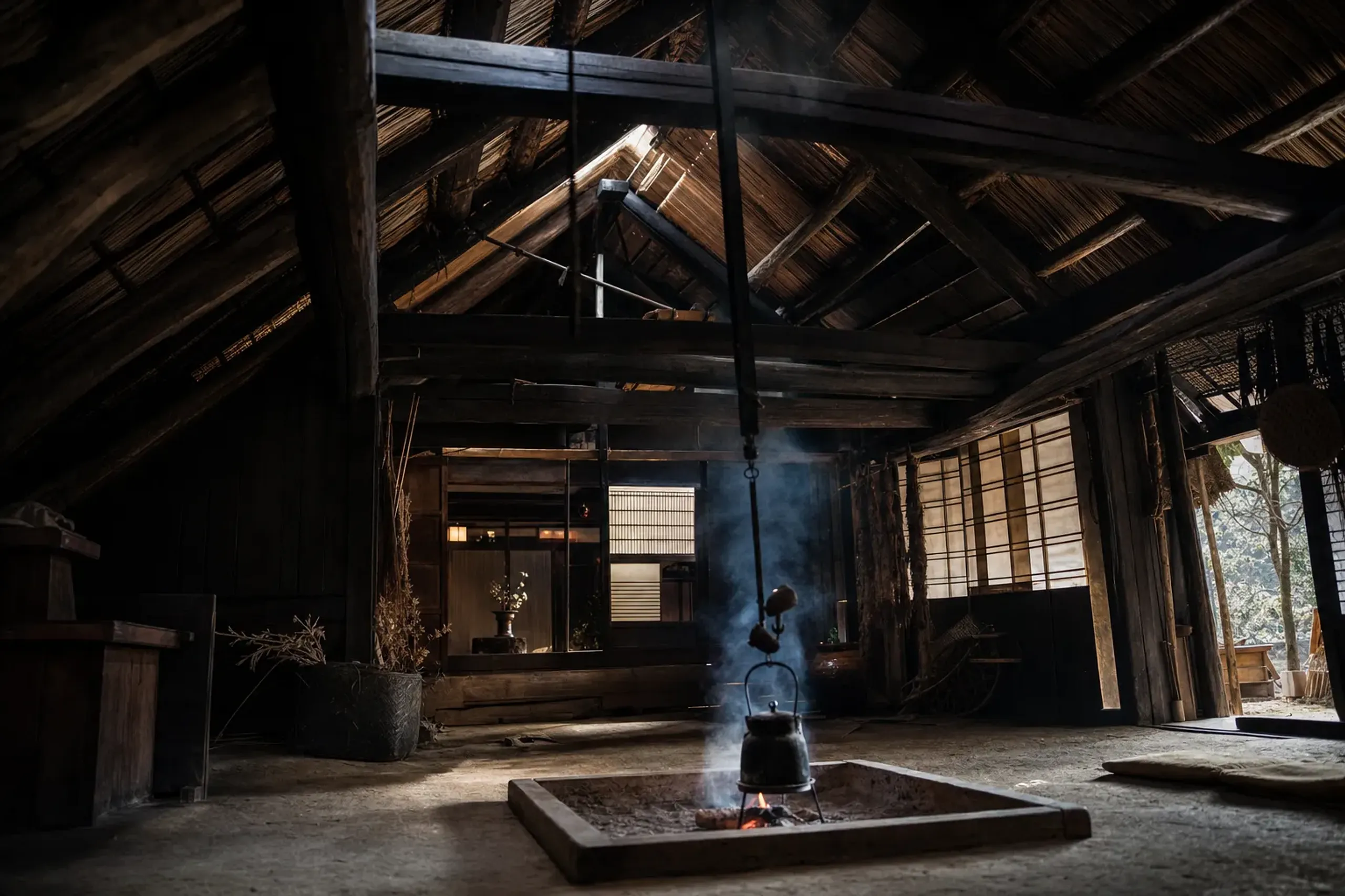 the weathered thatched roof and aged wooden beams of the restored SASAYURI-ANN ZAO farmhouse, soot lingering near the irori hearth