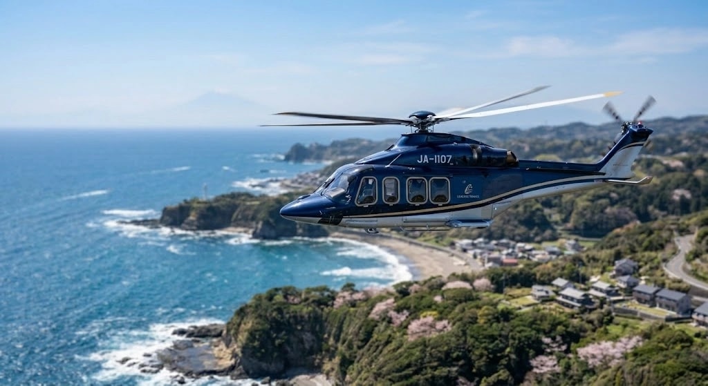 Blue helicopter flying along a rocky coastline above a small seaside town.