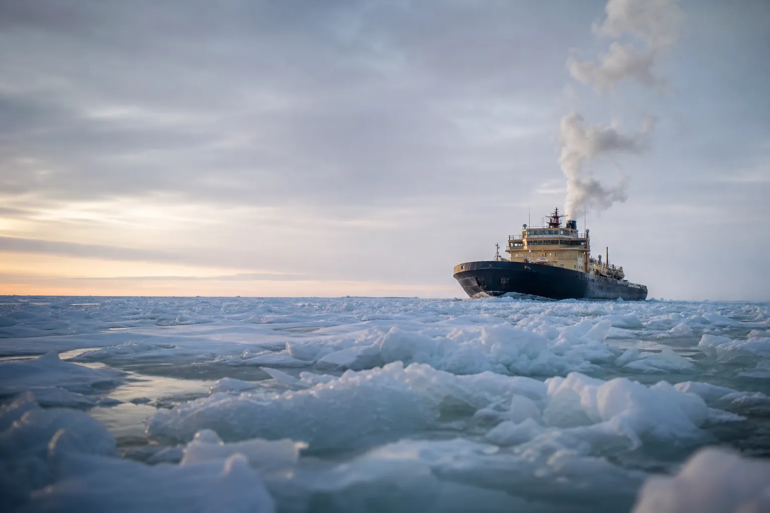 A private icebreaker ship navigating through the drift ice of the Sea of Okhotsk in Hokkaido, Japan.