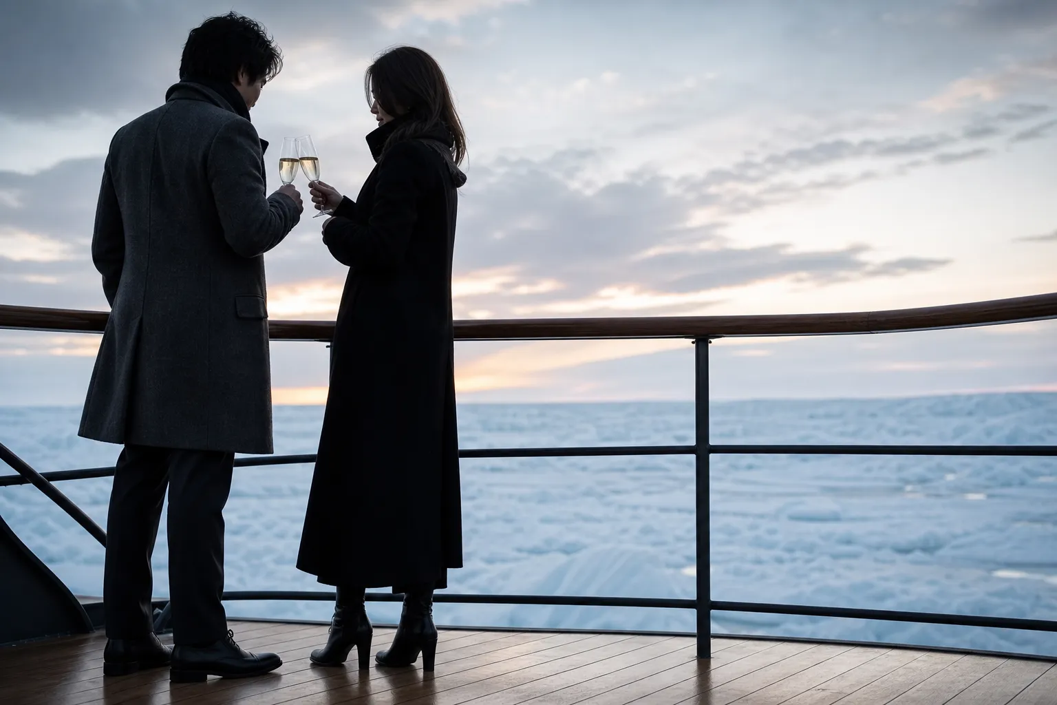 A couple enjoying champagne on a private luxury cruise in the Sea of Okhotsk.