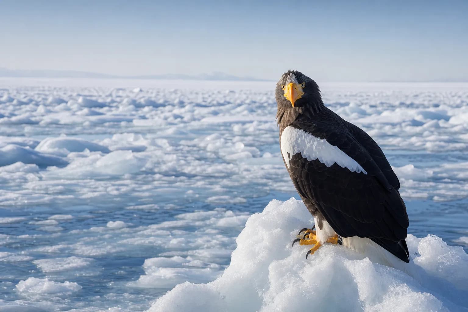 A majestic Steller's Sea Eagle sitting on drift ice in the Sea of Okhotsk.