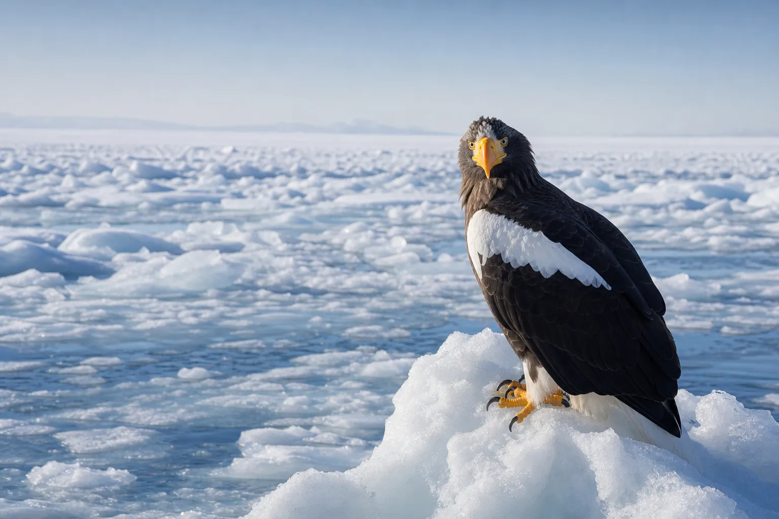 A majestic Steller's Sea Eagle sitting on drift ice in the Sea of Okhotsk.