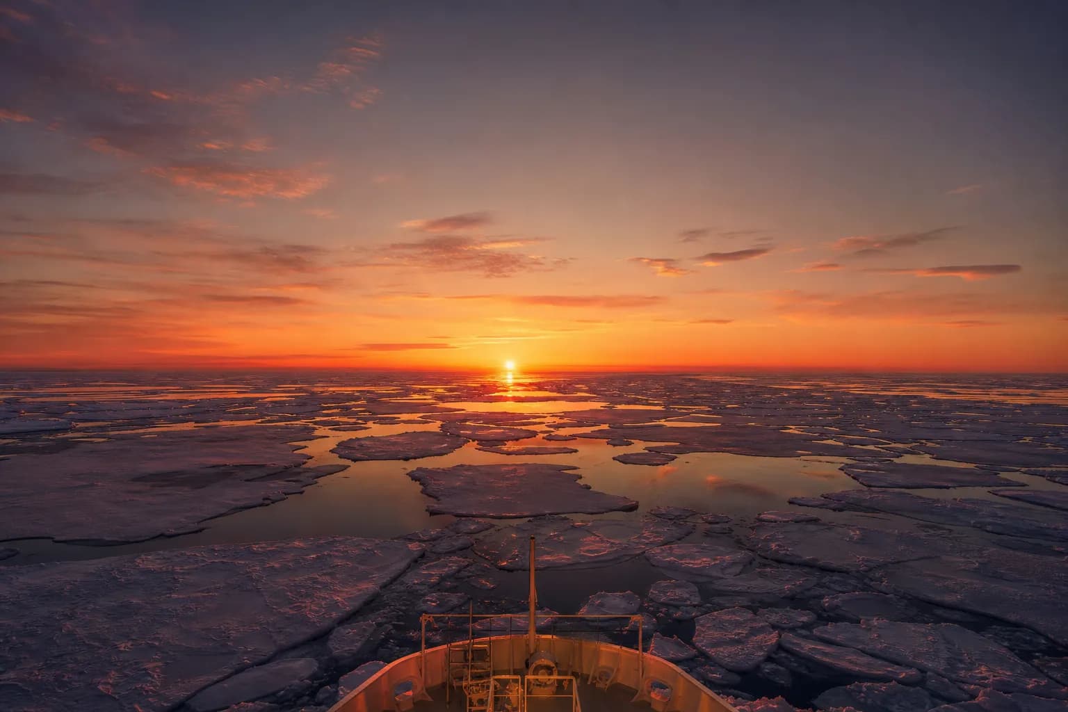 A breathtaking sunset reflecting off the drift ice in the Sea of Okhotsk.