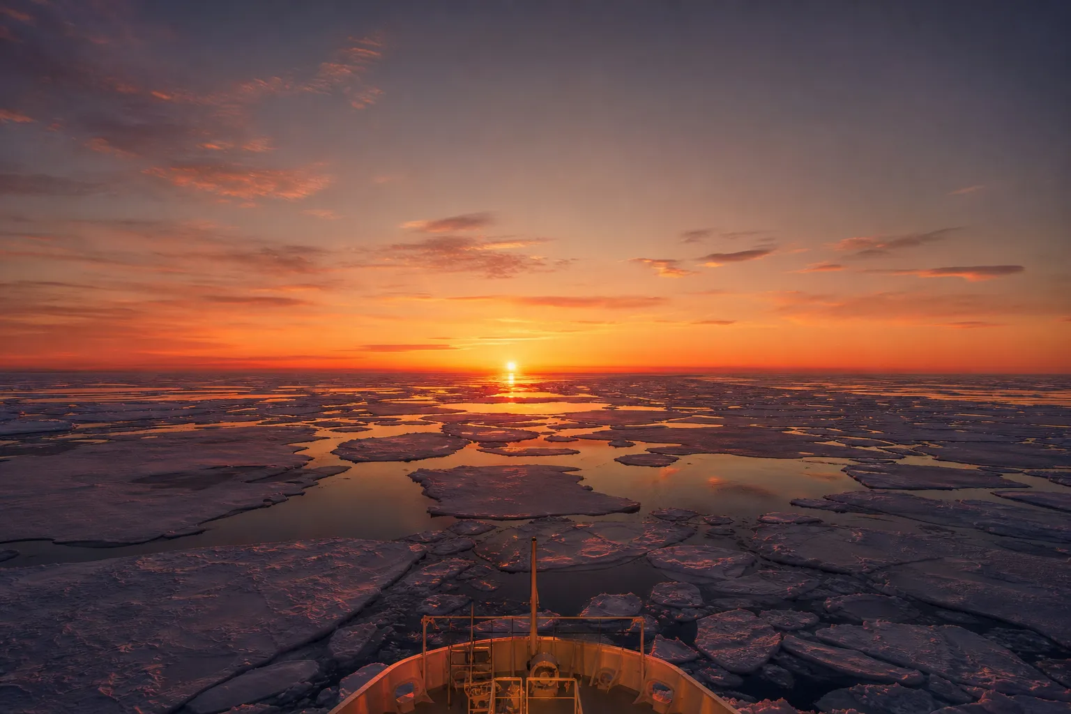 A breathtaking sunset reflecting off the drift ice in the Sea of Okhotsk.
