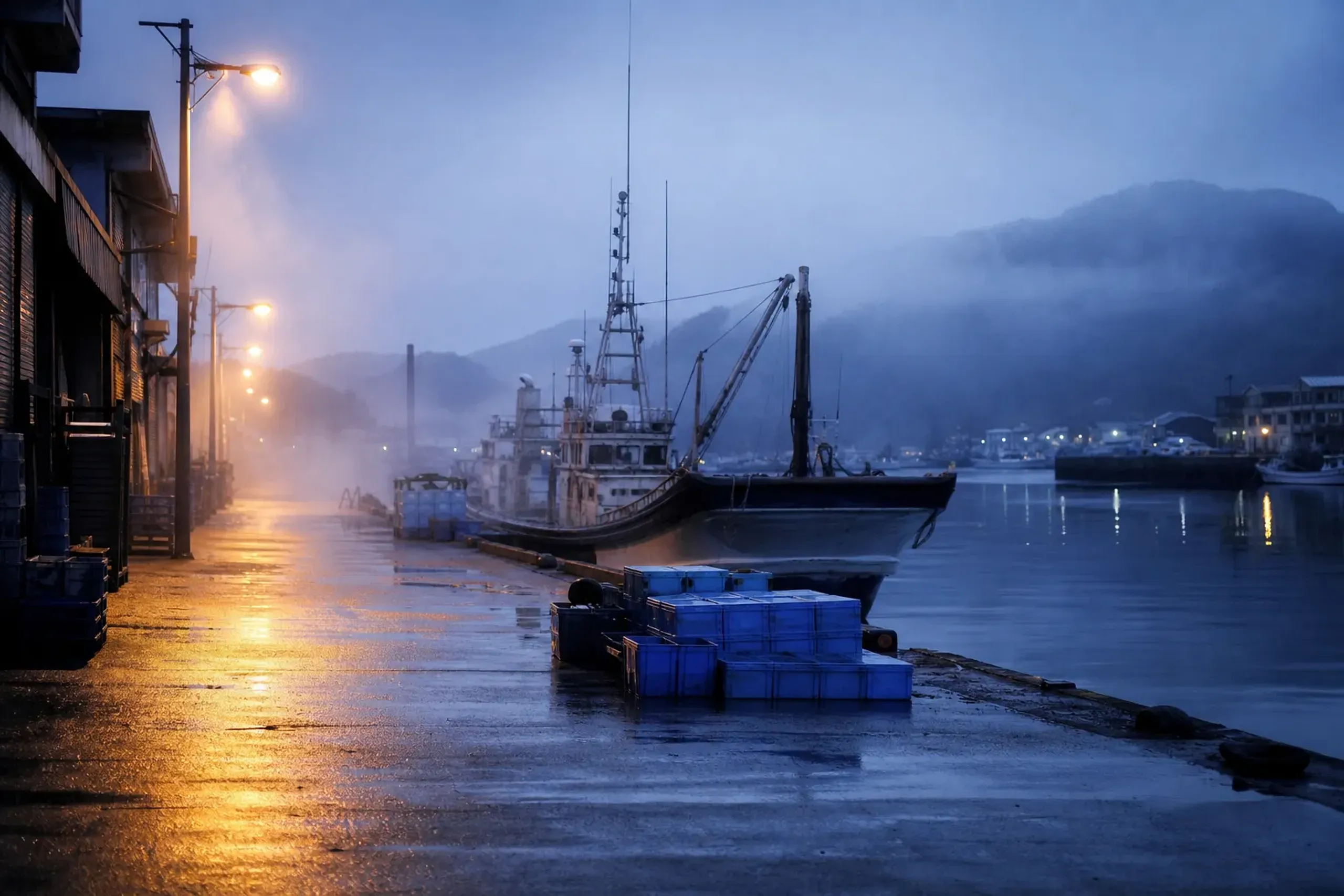 Fishing port at dawn in Izu with boats, dock lights, and stacked fish boxes