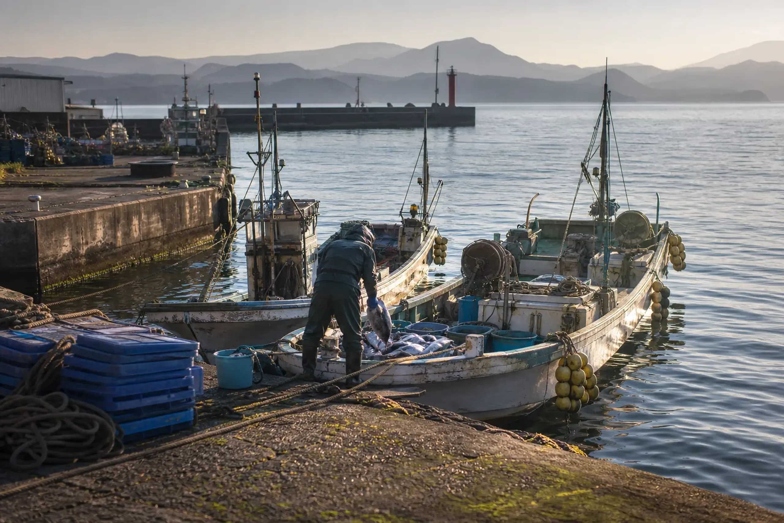 Early morning coastline view on the Izu Peninsula with a small working harbor