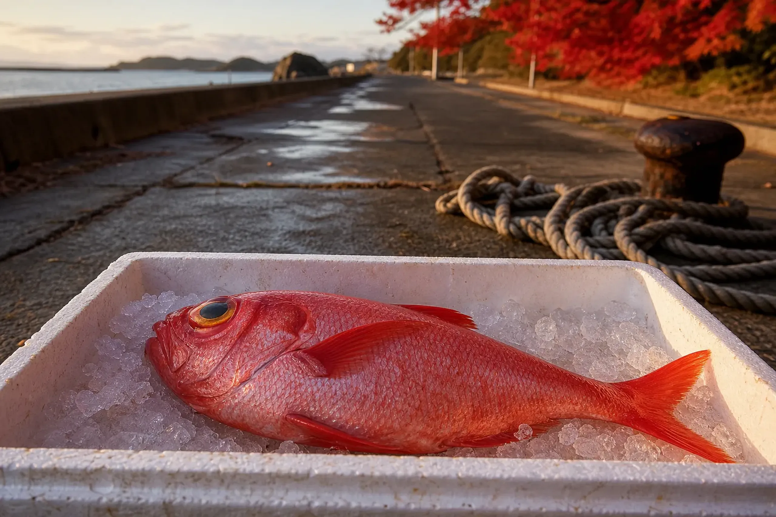 a whole fresh kinmedai (golden eye snapper) with glistening scales resting on crushed ice inside a polystyrene box at first light on a concrete Izu harbor edge, coiled rope and diesel-stained dock vis
