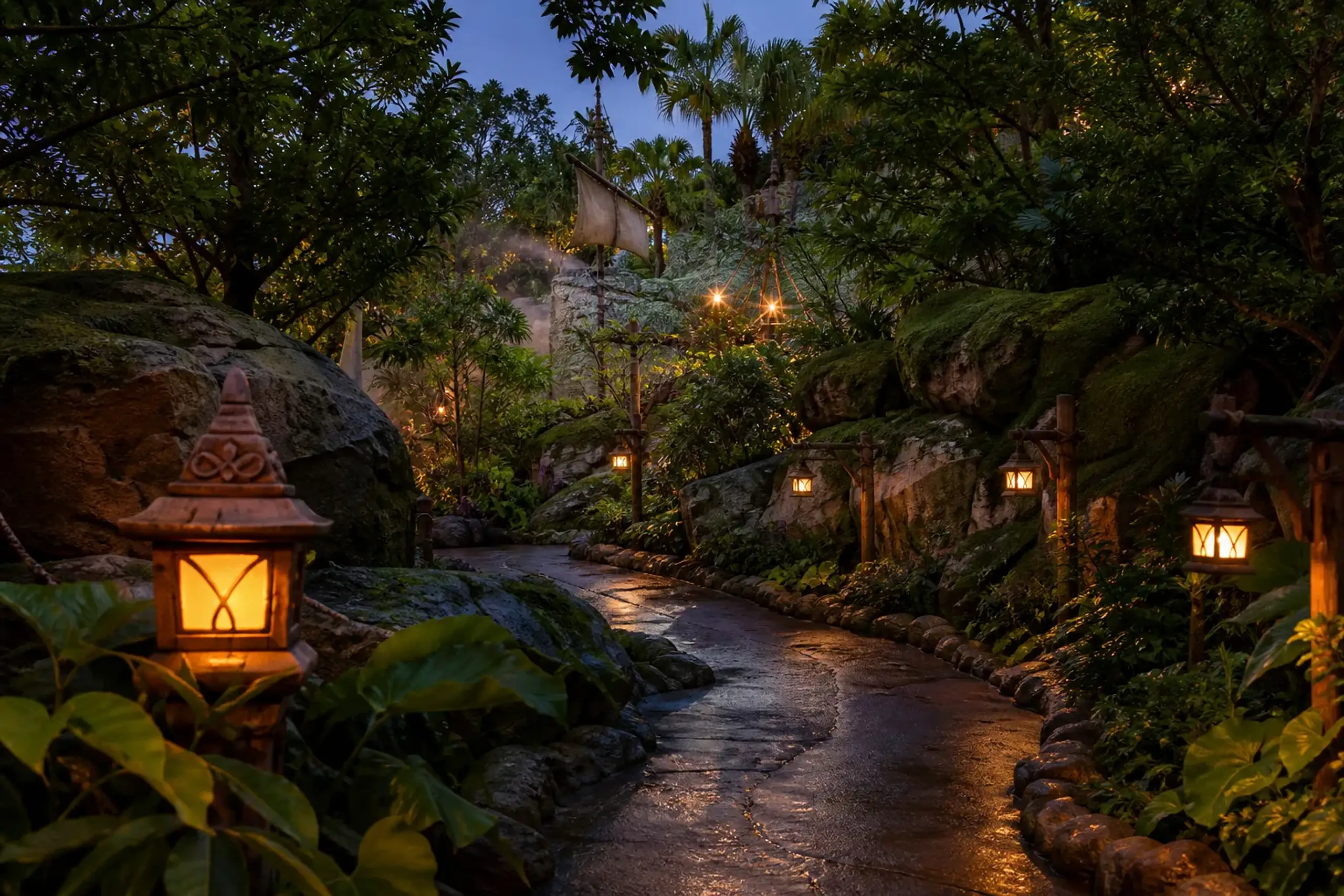 Themed pathway in Peter Pan's Never Land area of Fantasy Springs with no visitors