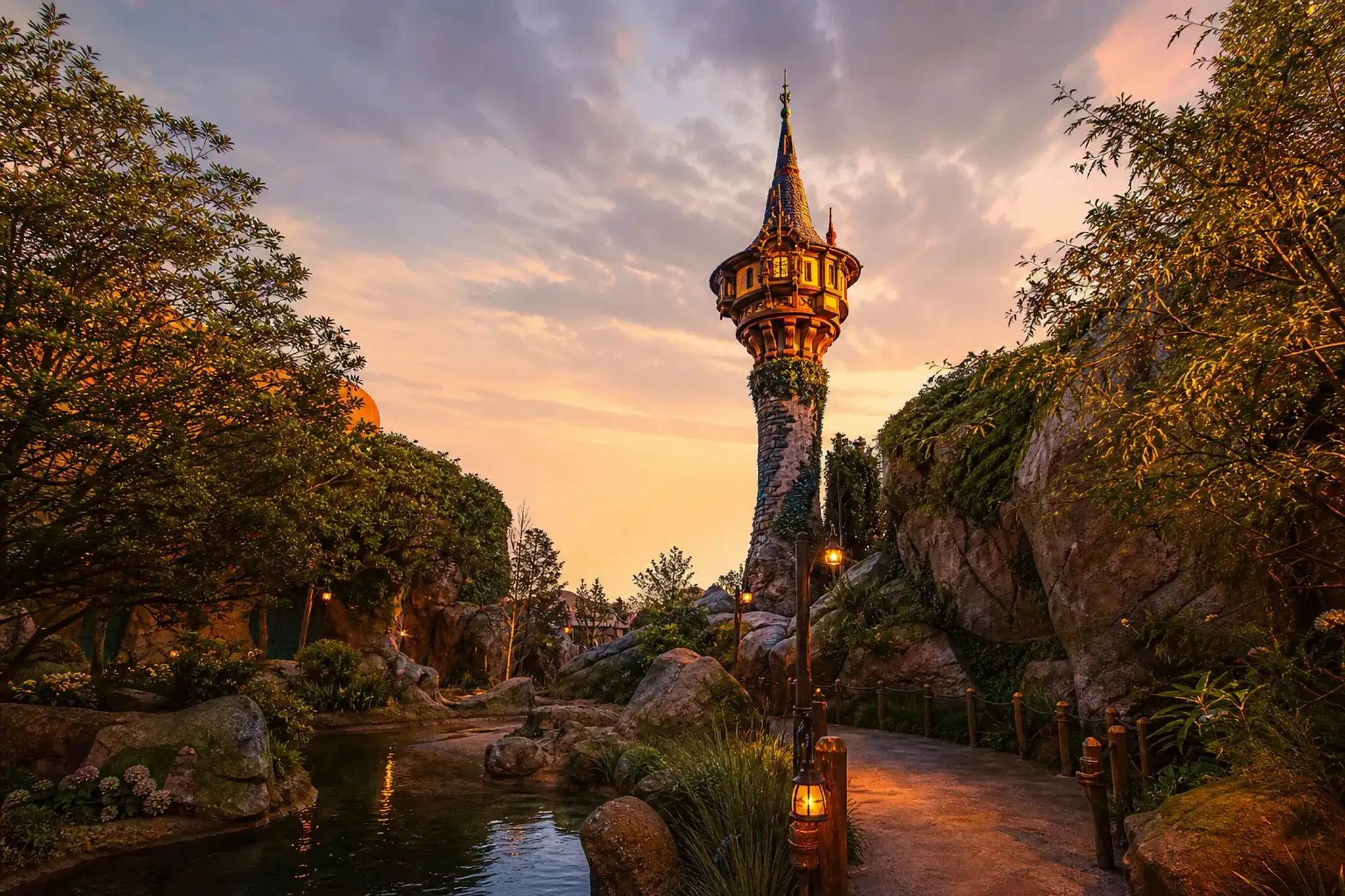 Rapunzel's Forest tower in Fantasy Springs at Tokyo DisneySea in golden afternoon light