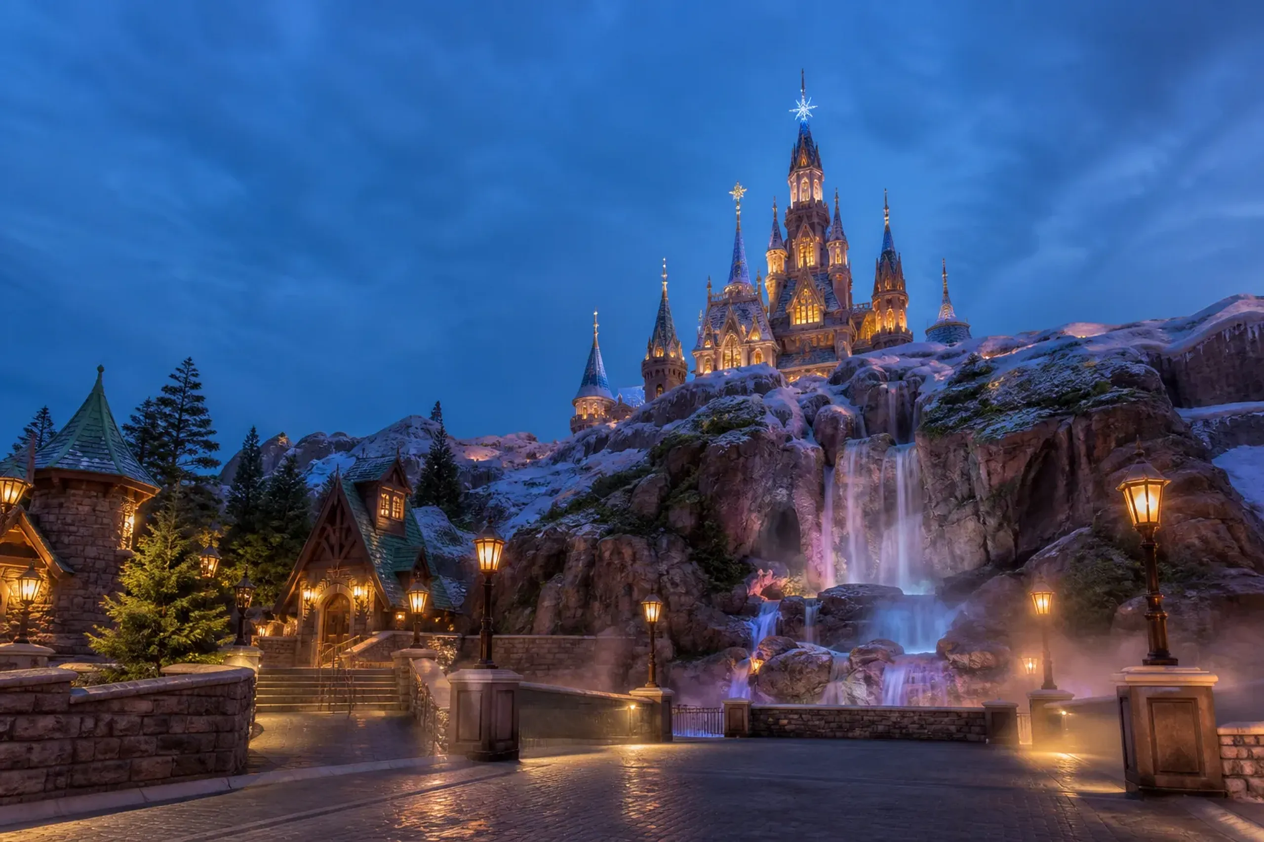 Frozen Kingdom castle and waterfalls in Fantasy Springs at Tokyo DisneySea with no crowds