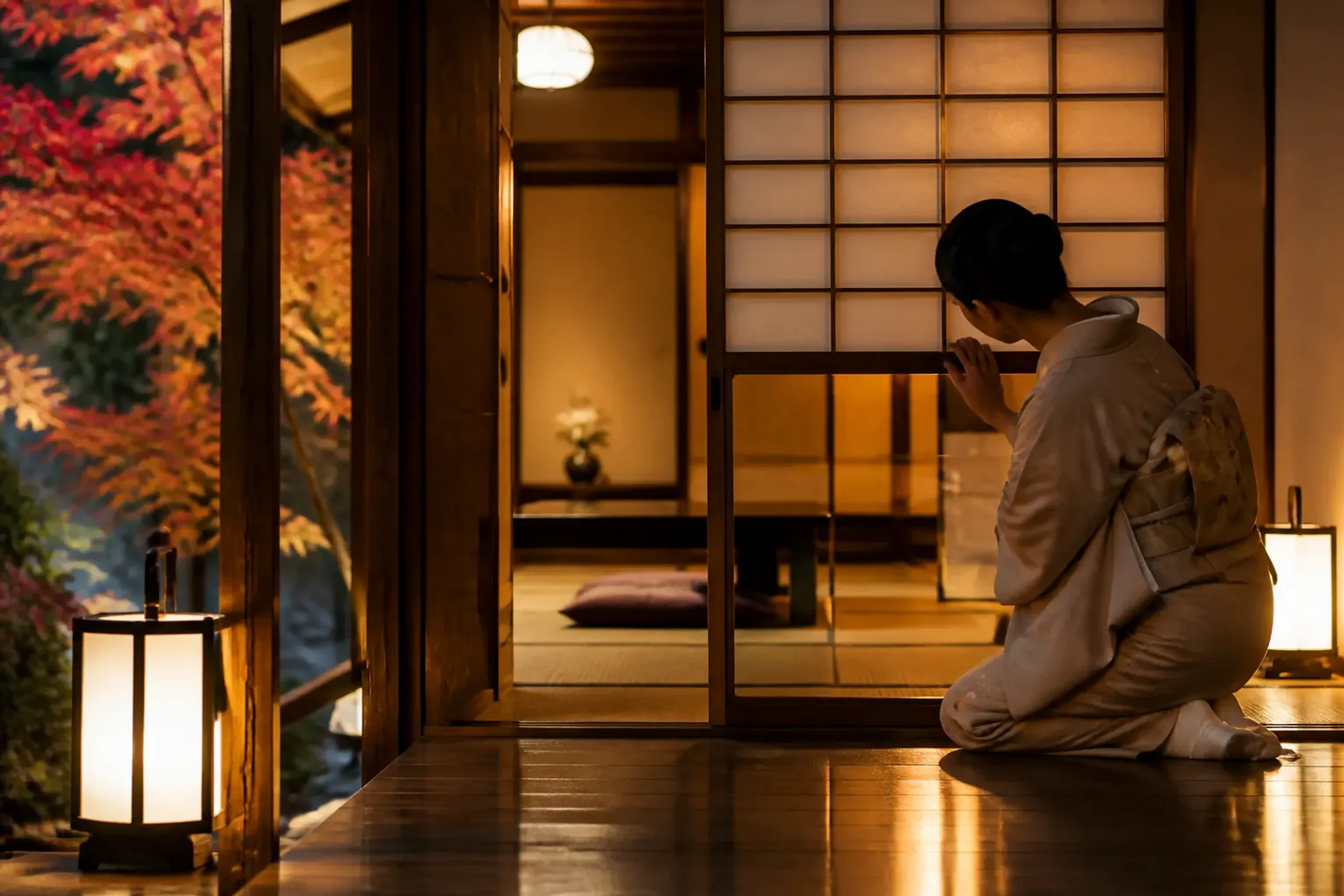 Kimono-clad ryokan attendant opening a shoji screen to a tatami guest room