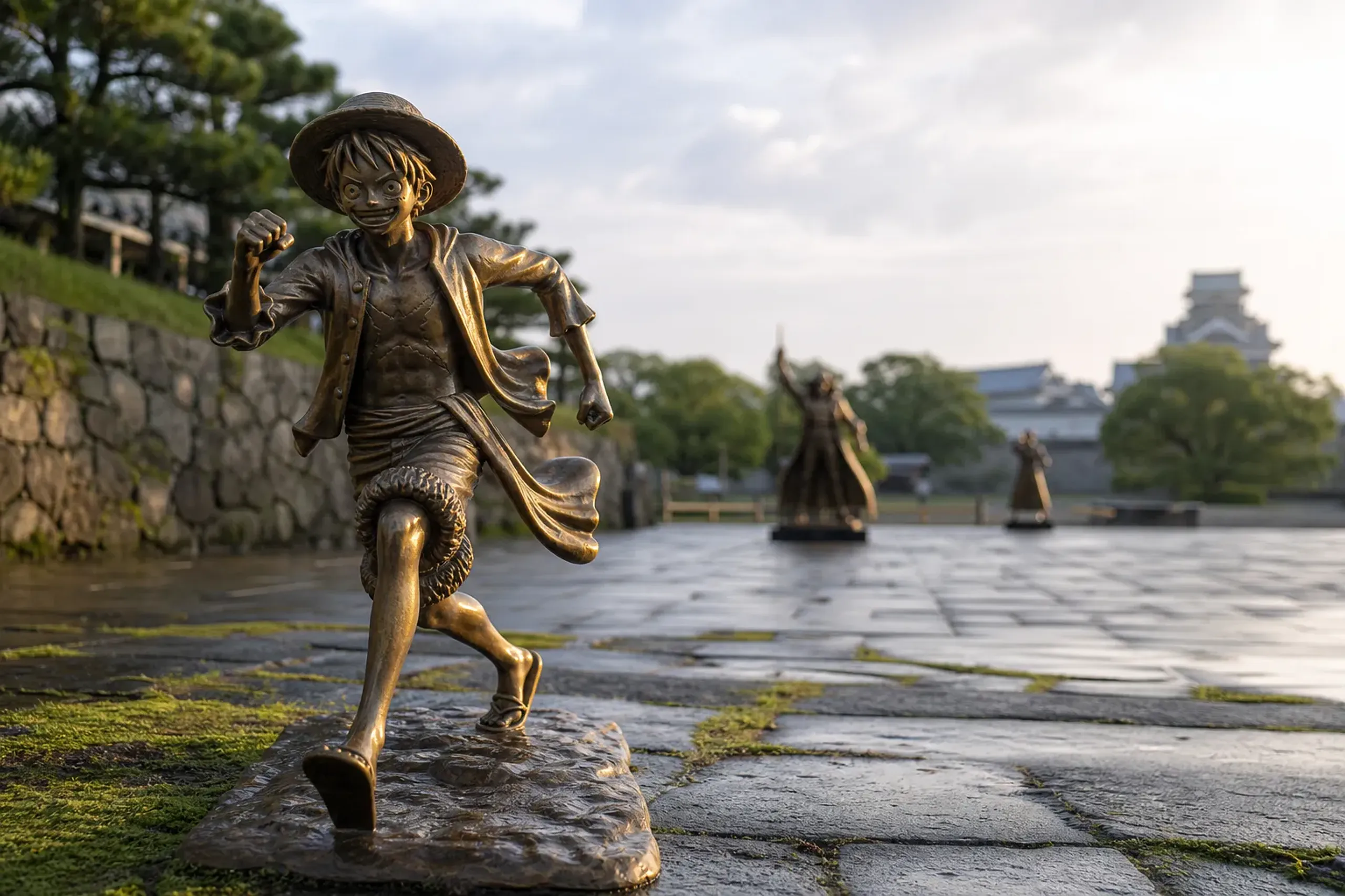 the official ONE PIECE bronze statues of the Straw Hat crew in Kumamoto, Kyushu, standing in a quiet outdoor plaza