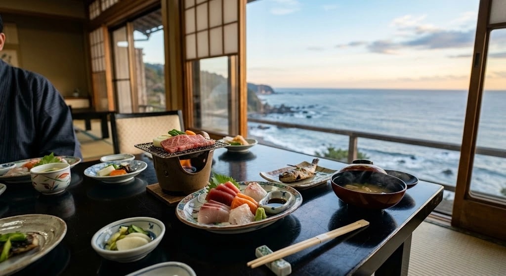 Japanese meal spread on a dark table by a seaside window, featuring sushi plates, a small grill, bowls, and miso soup with ocean view in the background.