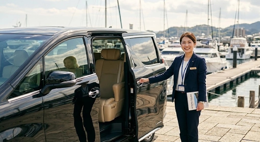 Smiling female chauffeur in a navy uniform opens the back door of a black SUV at a marina, holding a folders with name badge visible on her jacket.