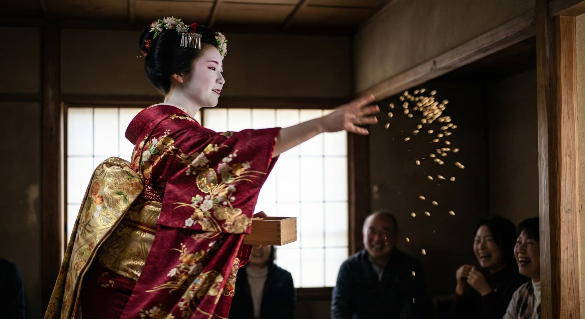 A Maiko in Kyoto throwing roasted soybeans during the Setsubun festival.