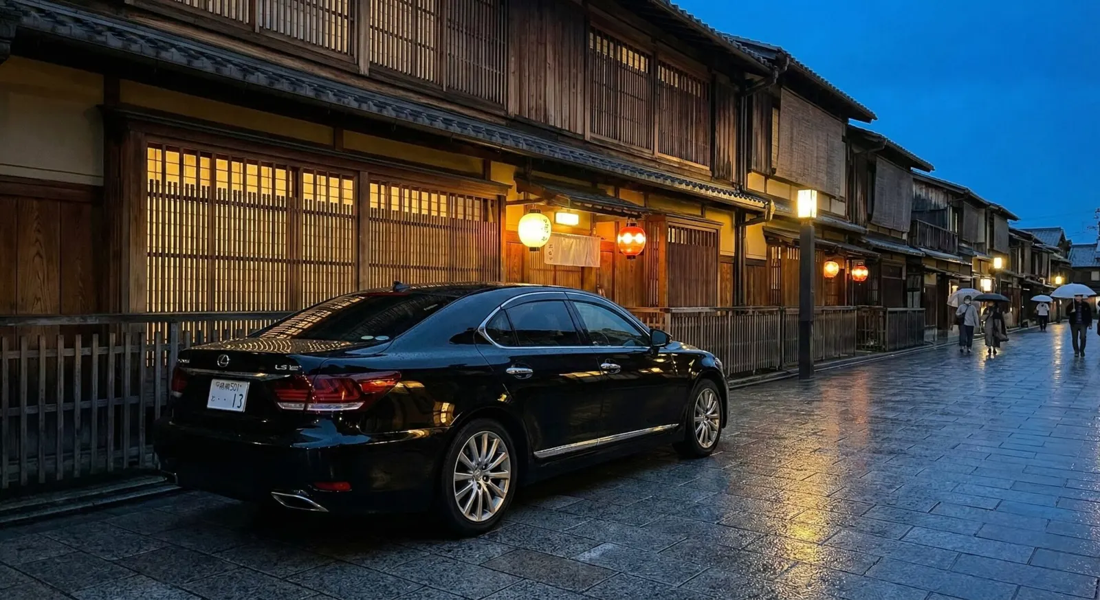 Private luxury car waiting outside a traditional tea house in Gion, Kyoto.