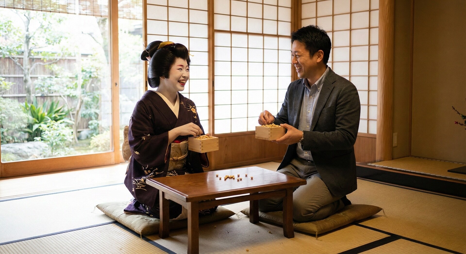 A guest enjoying a private Setsubun bean-throwing ritual with a Geiko in a traditional tatami room.