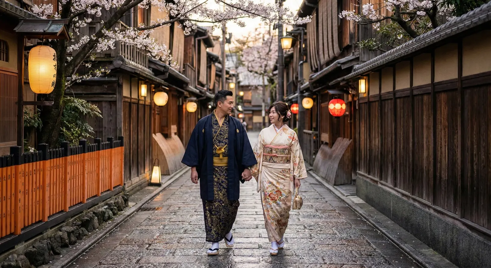 A couple wearing high-quality traditional kimonos strolling through Gion. Enhance your immersion with a professional kimono-dressing experience.