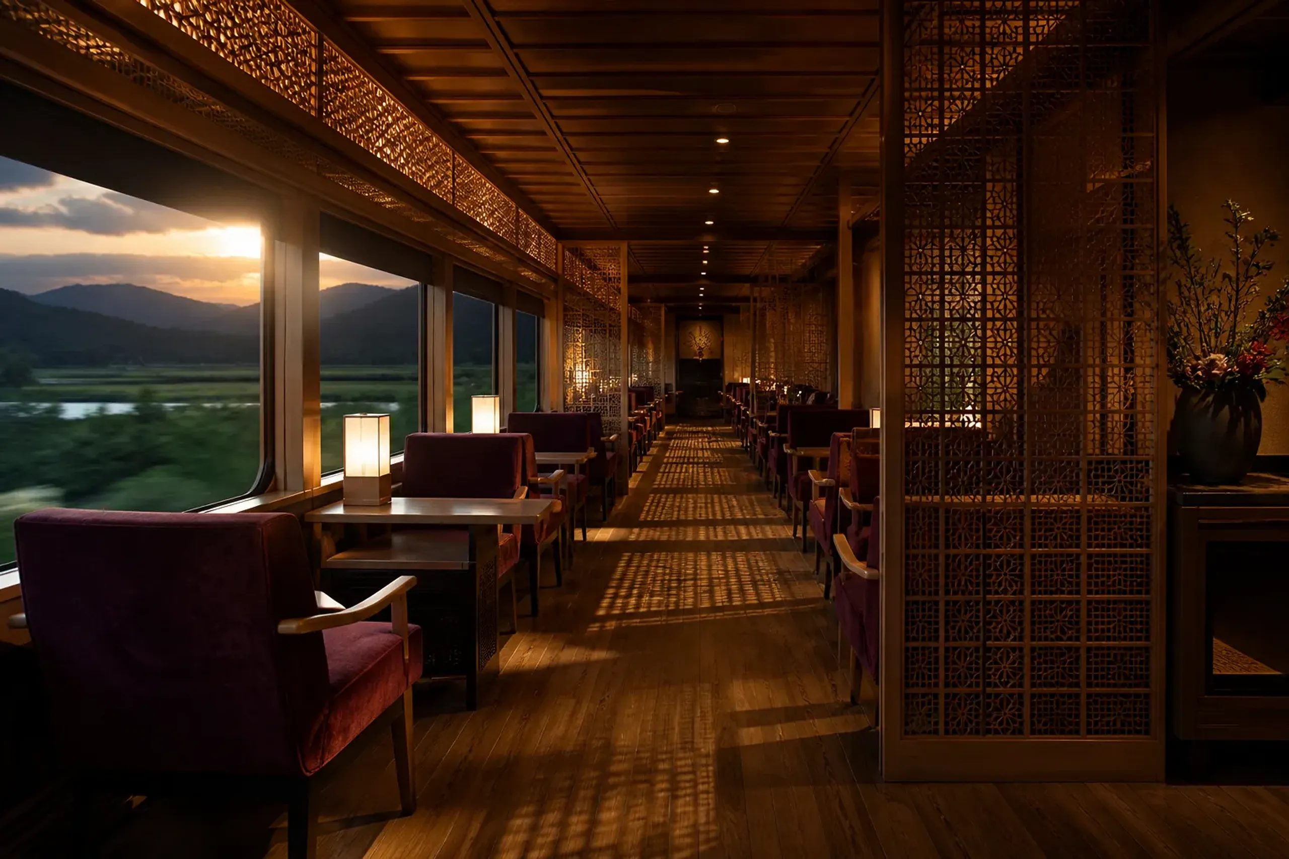 The quiet, wood-paneled Blue Moon Lounge on the Seven Stars train, highlighting the privacy of a 20-guest capacity.