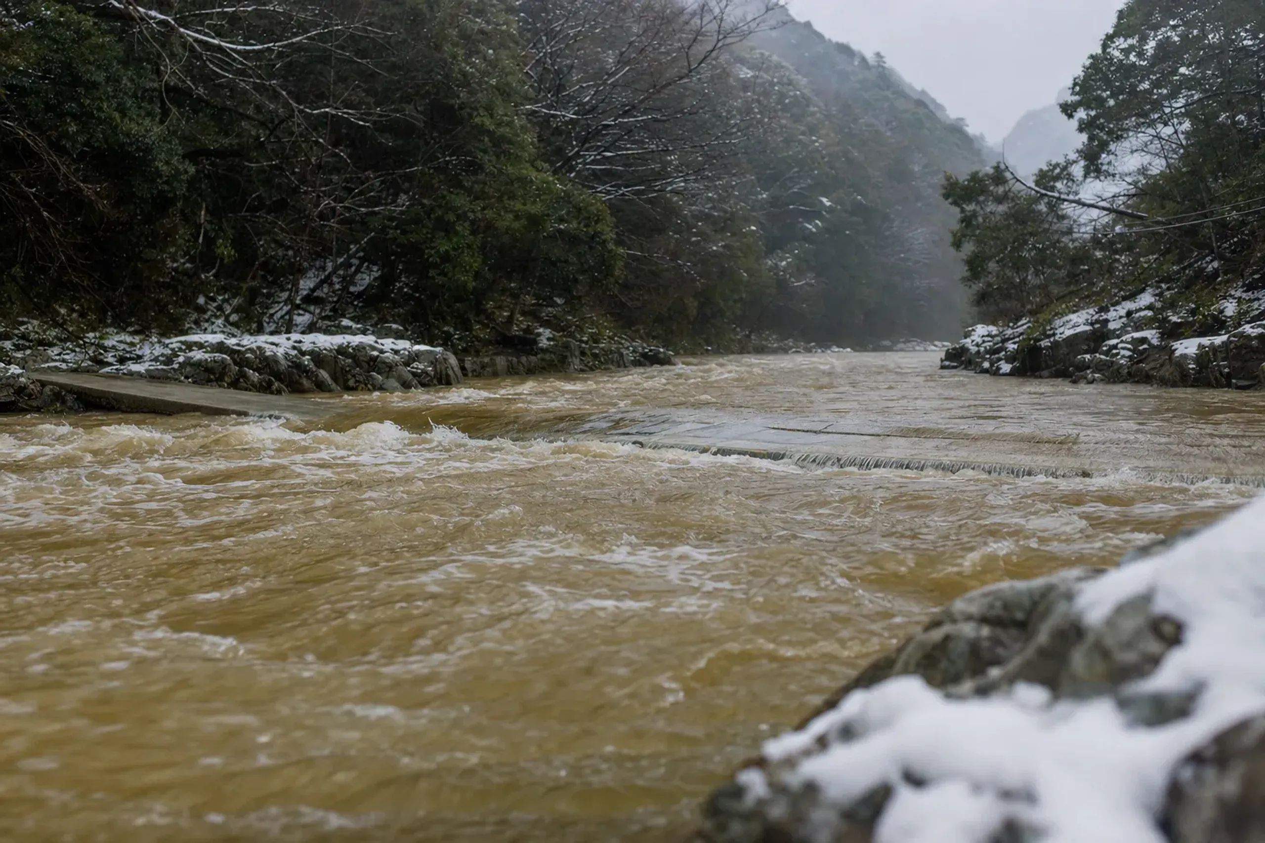The swollen brown summer Shimanto River after rain, its fast current rising over a submerged sinking bridge amid lush green riverbanks