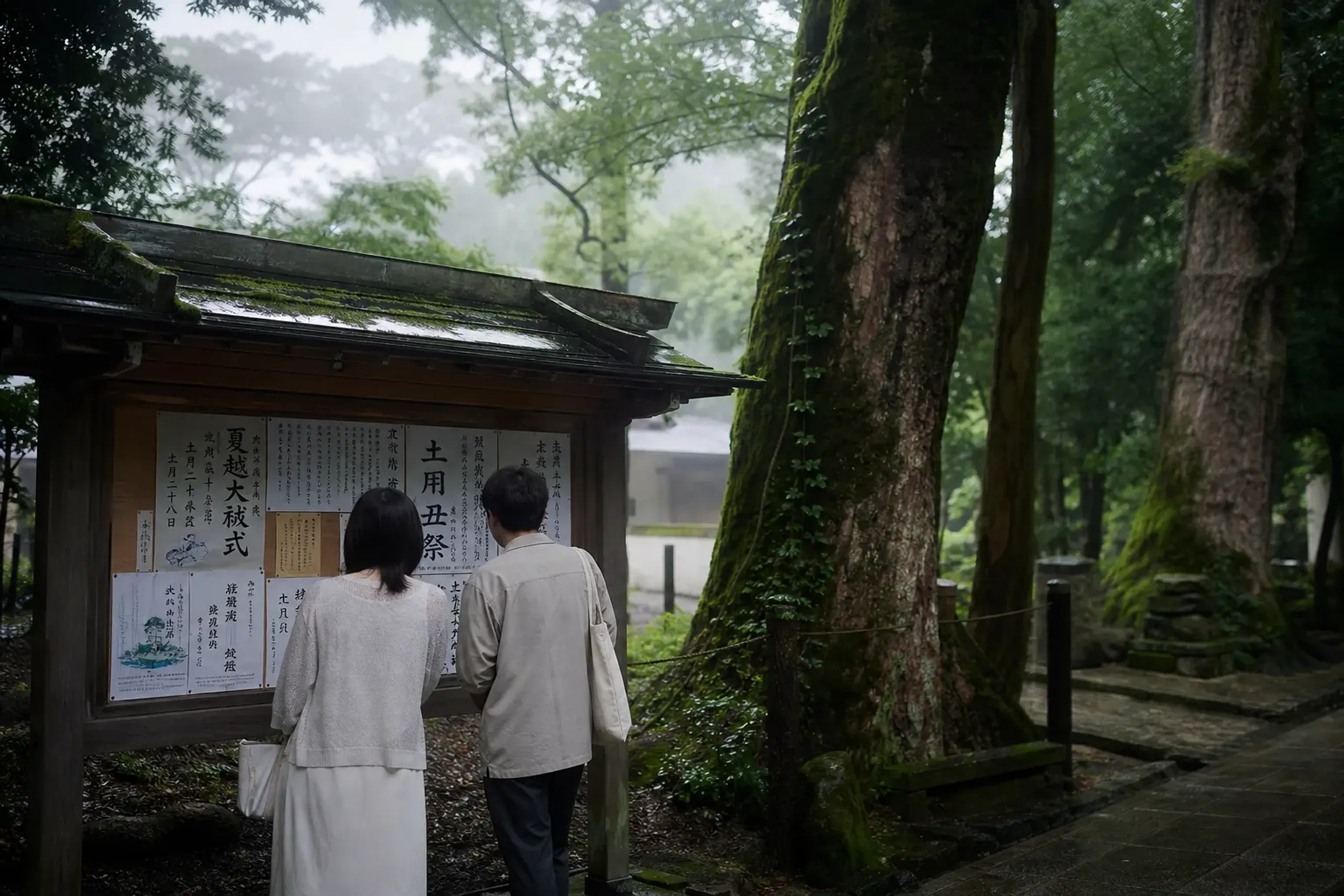 Visitors reading seasonal notices at Shimogamo-jinja with Tadasu no Mori trees in the background