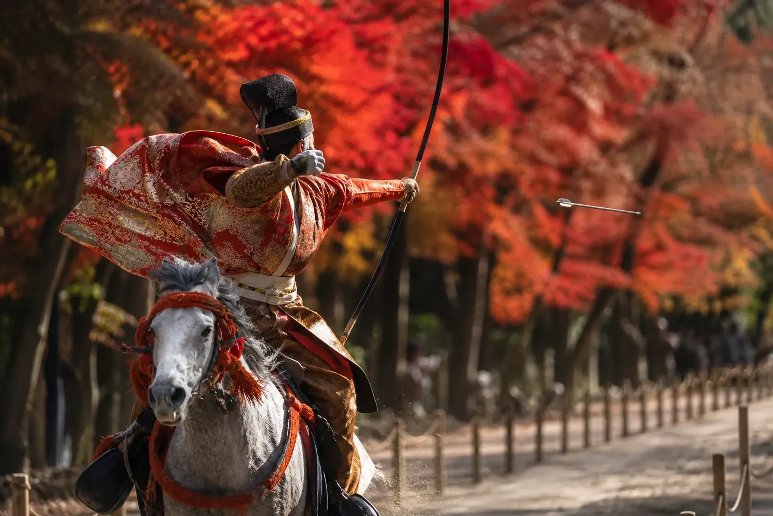 a mounted archer in flowing robes galloping down the Tadasu no Mori forest approach during the Yabusame Shinji rite
