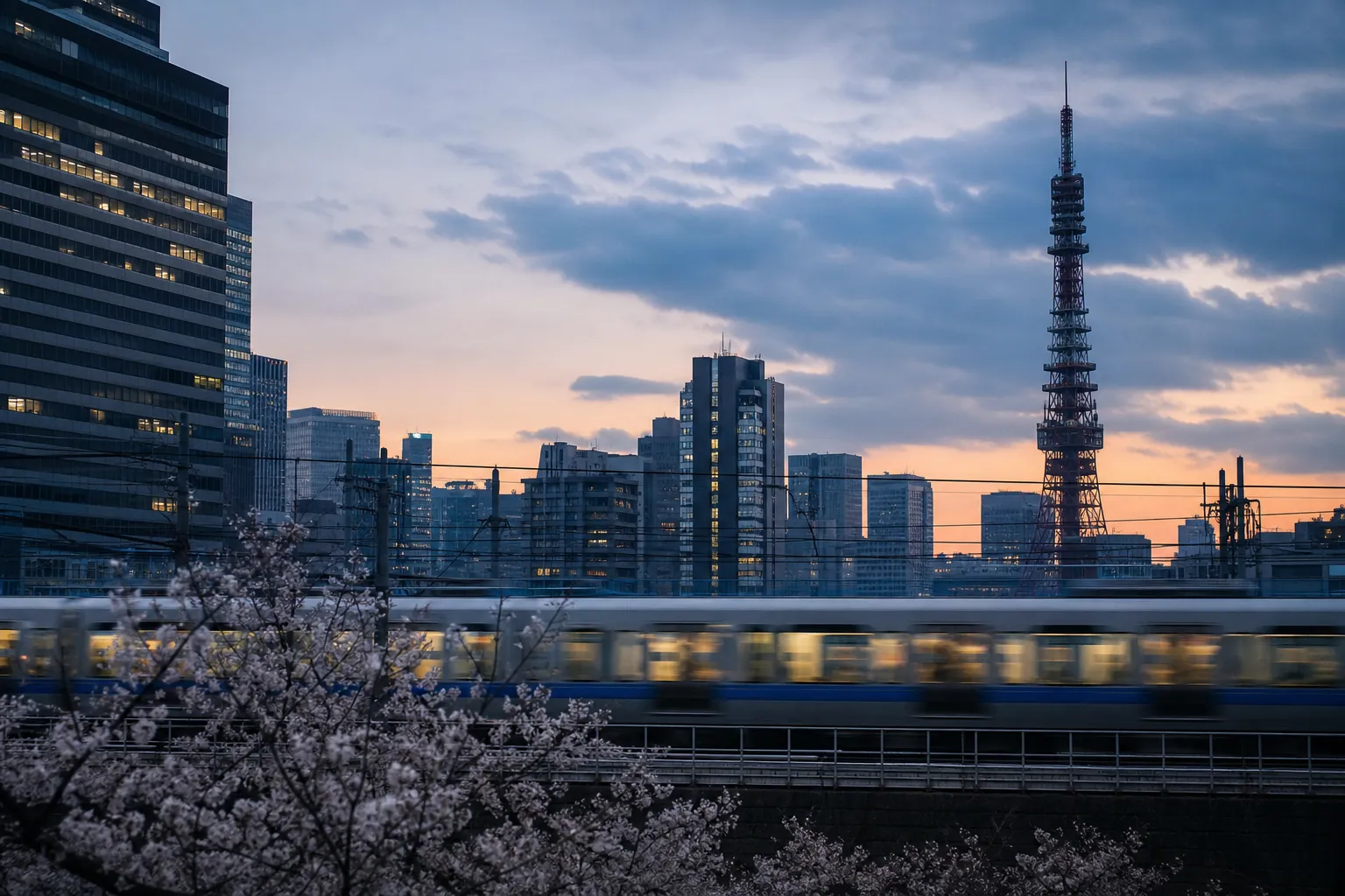 A commuter train passing the Tokyo skyline beneath a broadcasting tower at dusk