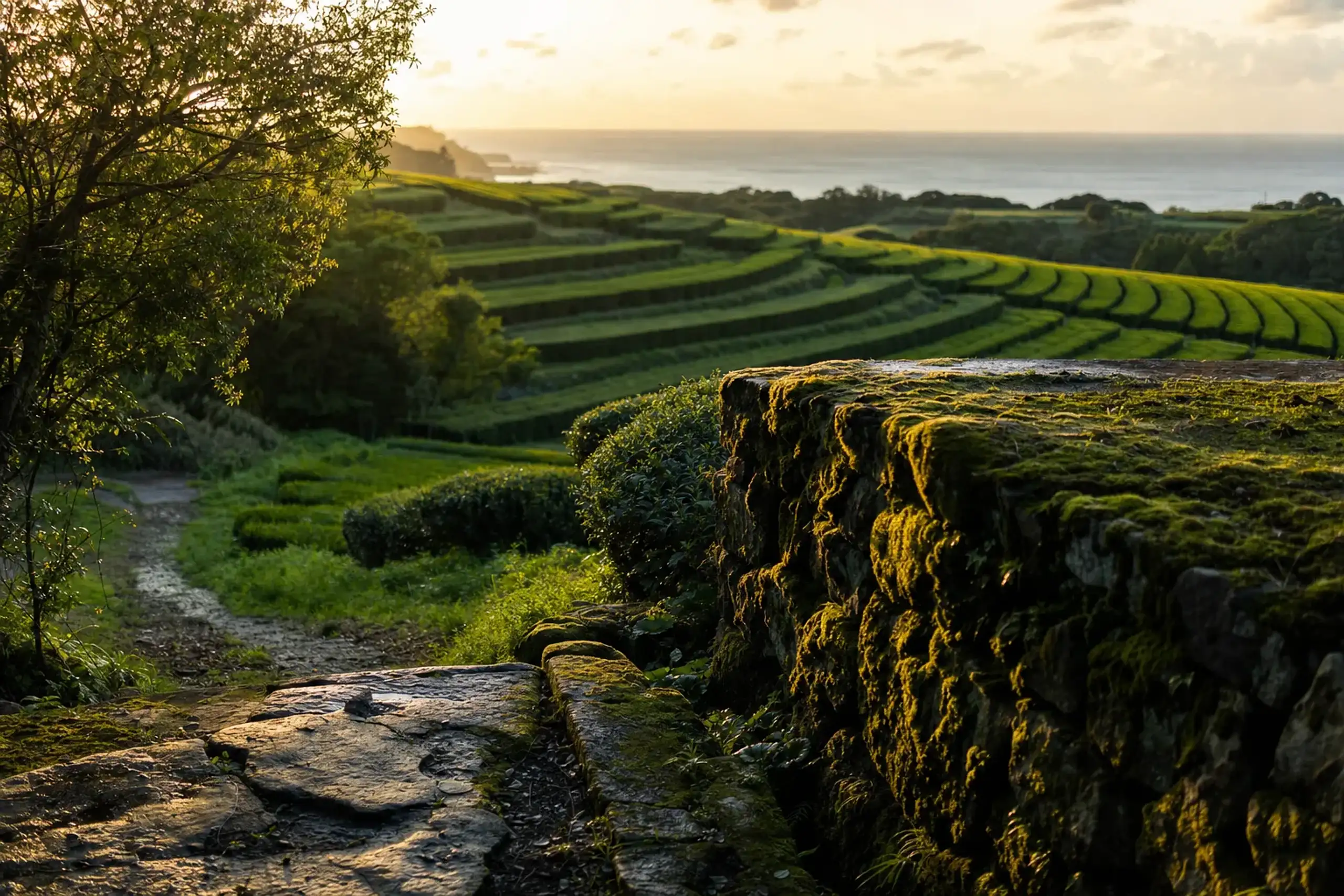 The green harvest front moving south to north: a wide view of terraced tea fields on Tanegashima island off Kagoshima under bright late-March light