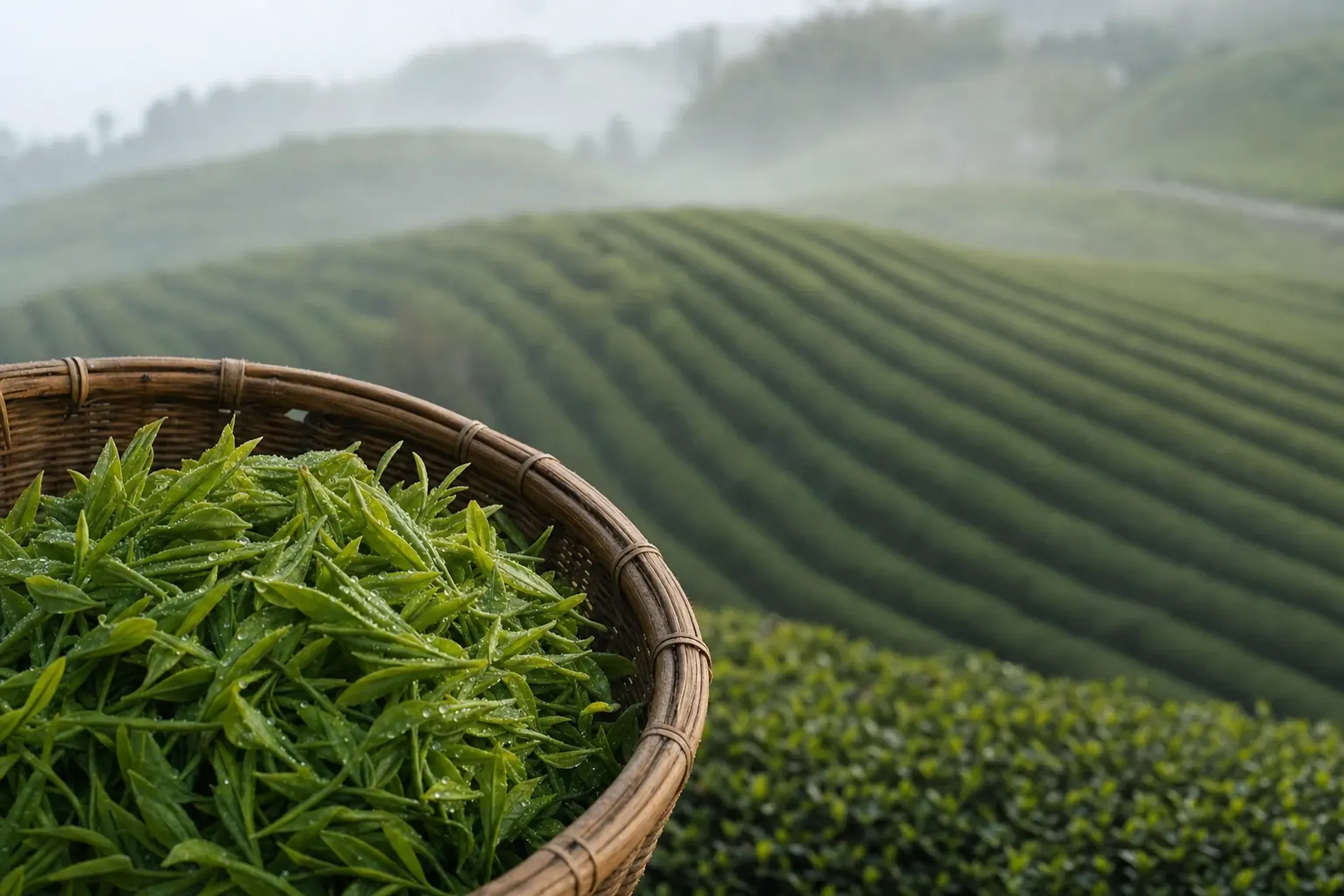 Freshly picked bright-green shincha leaves piled in a woven bamboo harvest basket beside neatly clipped tea rows in Kakegawa, Shizuoka