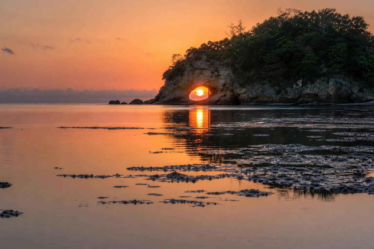 Engetsu Island sea-arch at sunset in Shirahama, Wakayama