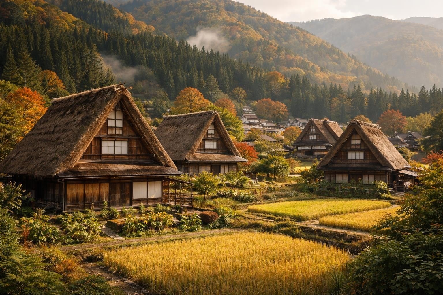 Thatched gassho-zukuri farmhouses of Shirakawa-go among autumn foliage and golden rice fields