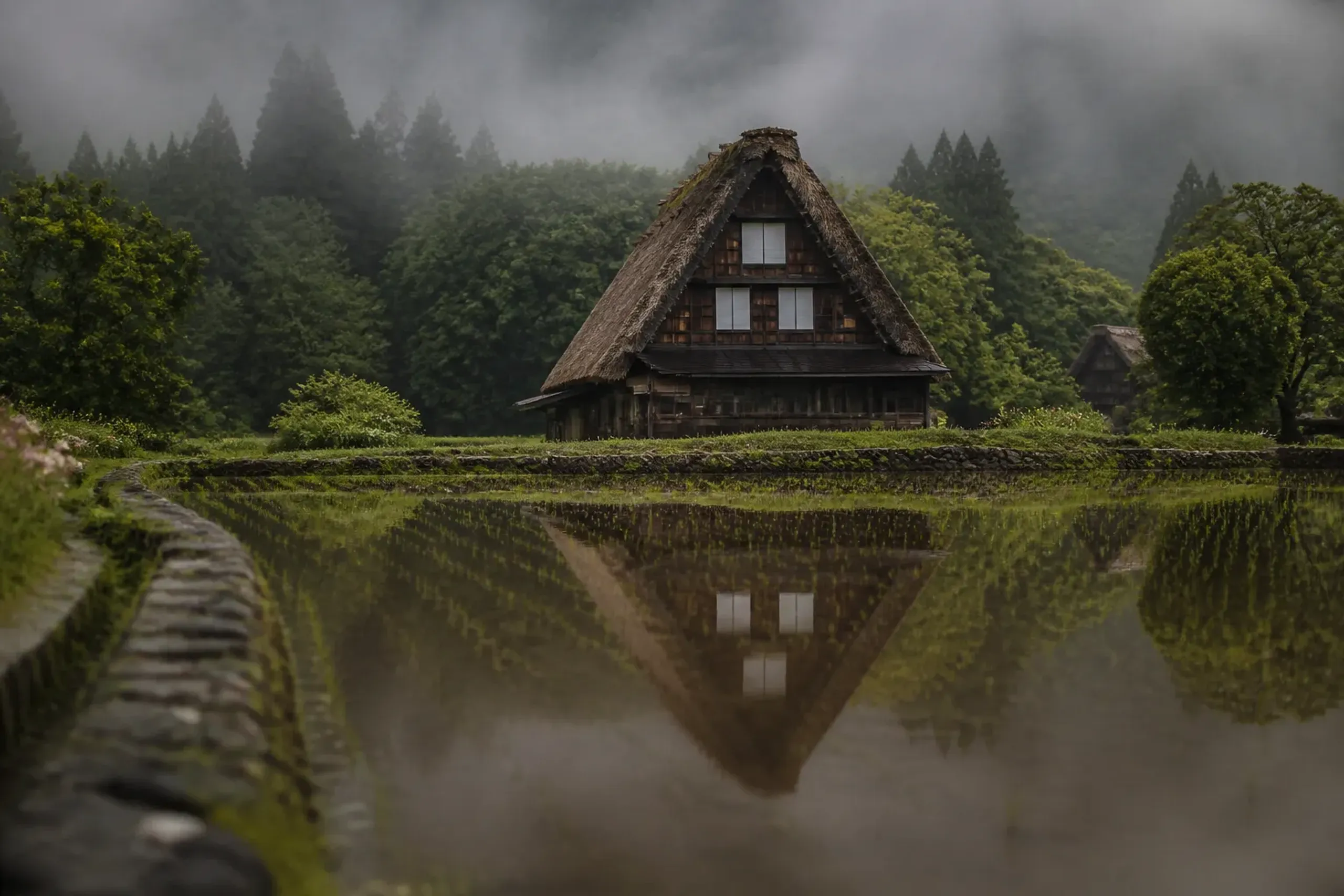 Shirakawa-go in late May with flooded green rice fields reflecting thatched houses