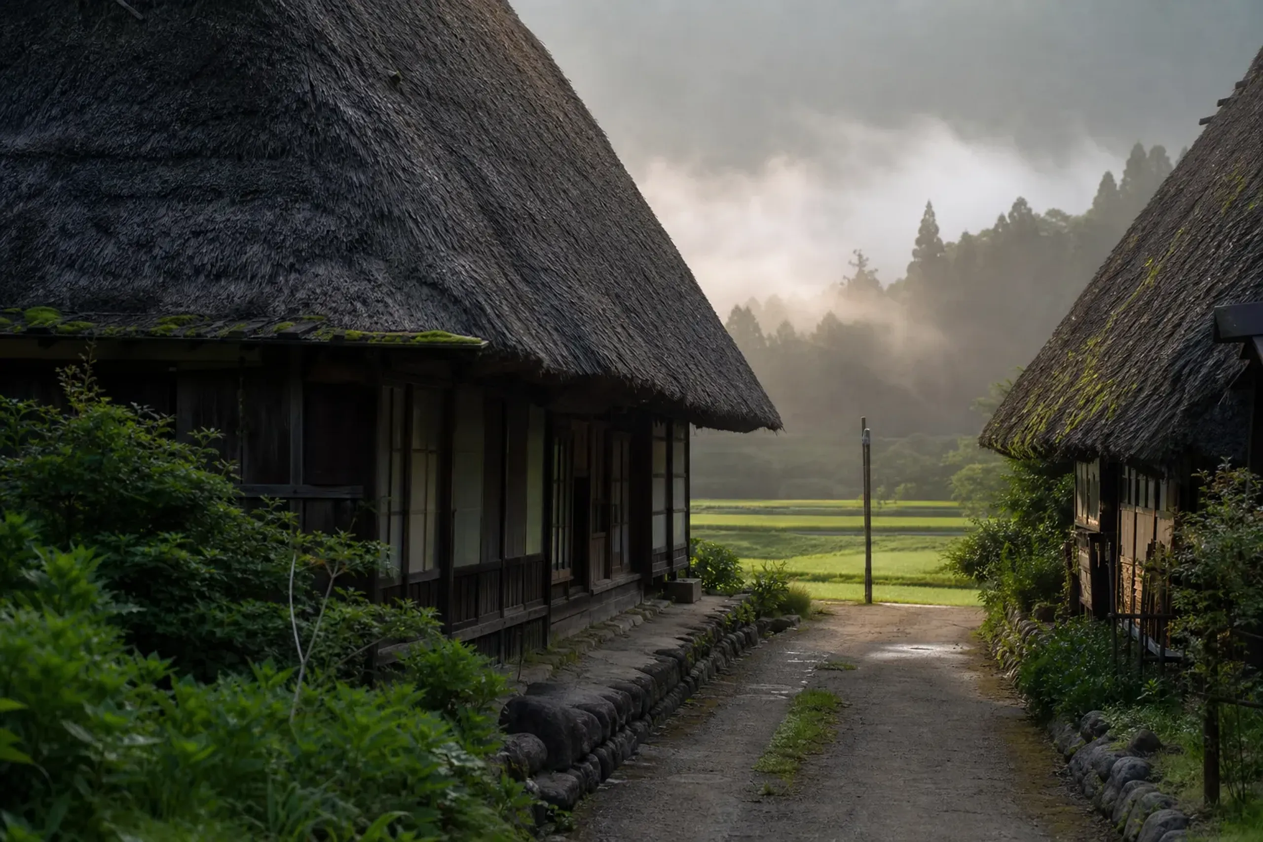 Empty early morning lane in Shirakawa-go between thatched houses before day visitors arrive