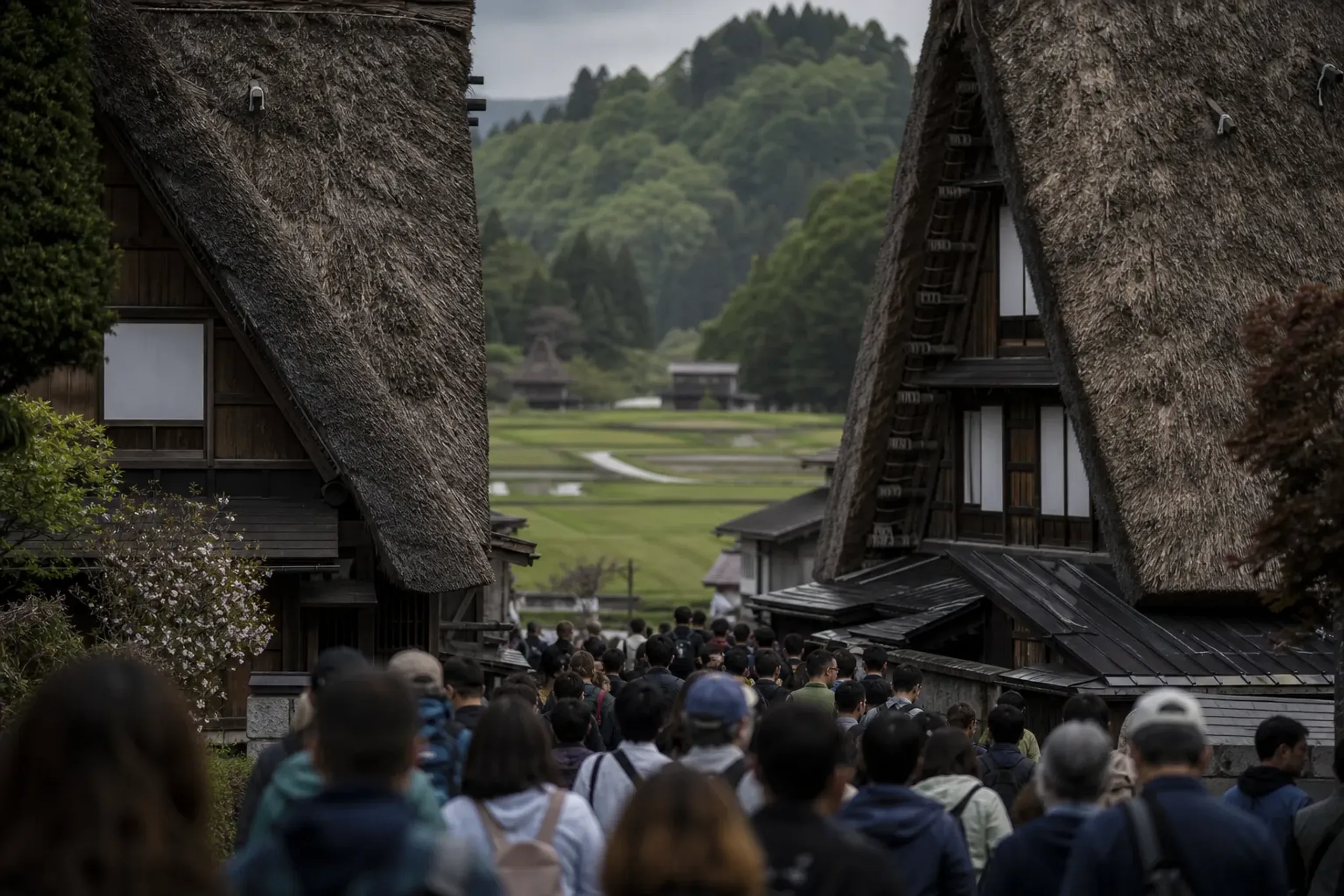 the crowded narrow lanes of the Ogimachi hamlet packed wall to wall with day-visitors among the 114 thatched gasshō houses