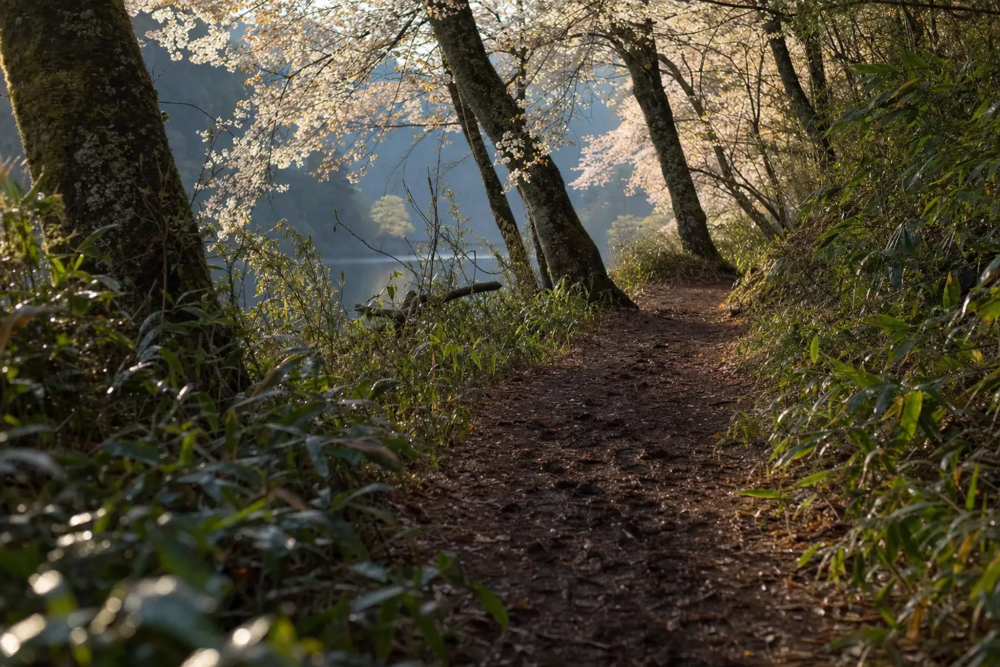 the unpaved forest ground path winding past Lake Two at Shiretoko Five Lakes, damp earth trail hemmed by summer undergrowth