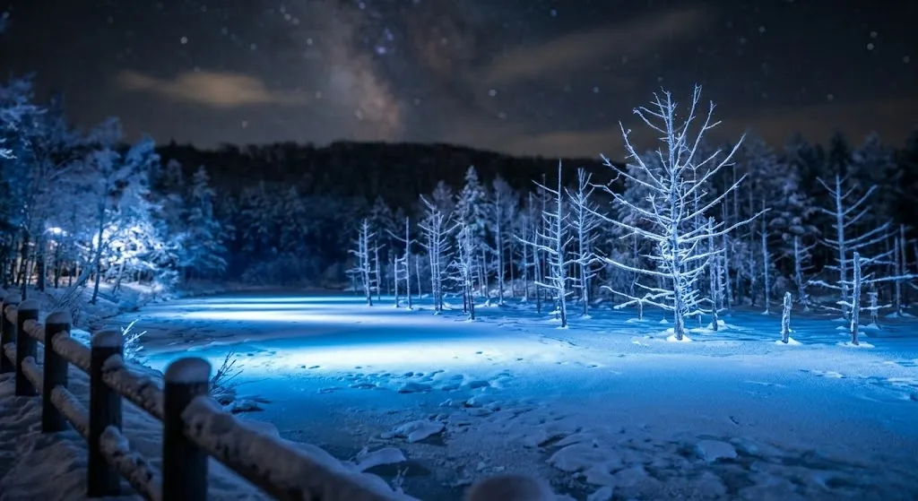 Nighttime photograph of a frozen, snow-covered pond illuminated by artificial blue lights, highlighting stark frosted tree branches against a dramatically dark and starry winter night sky.