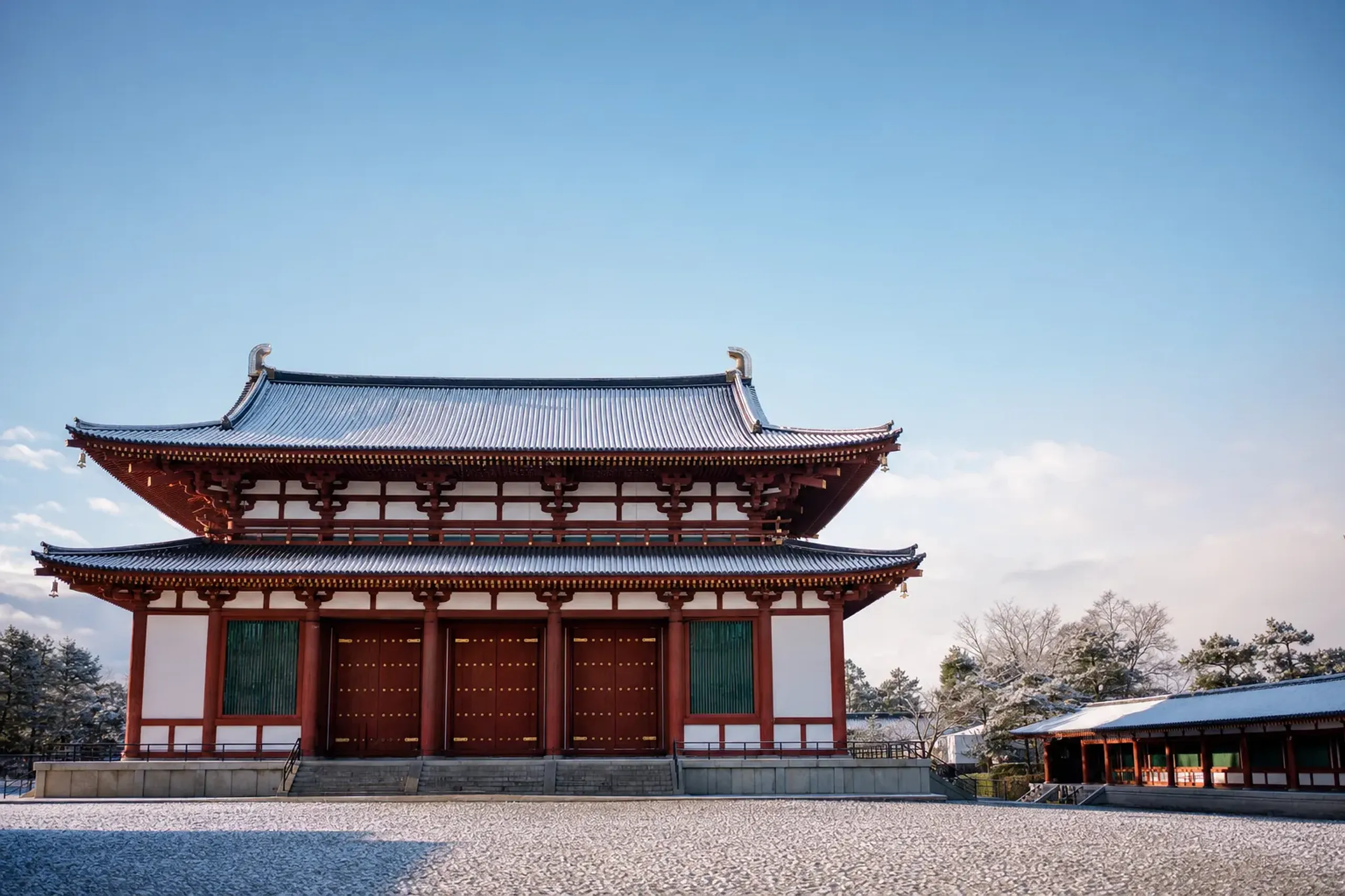 The reinforced-concrete main hall (Kondō) of Shitennō-ji, rebuilt in 1963 in the Asuka-period style, viewed against a clear sky
