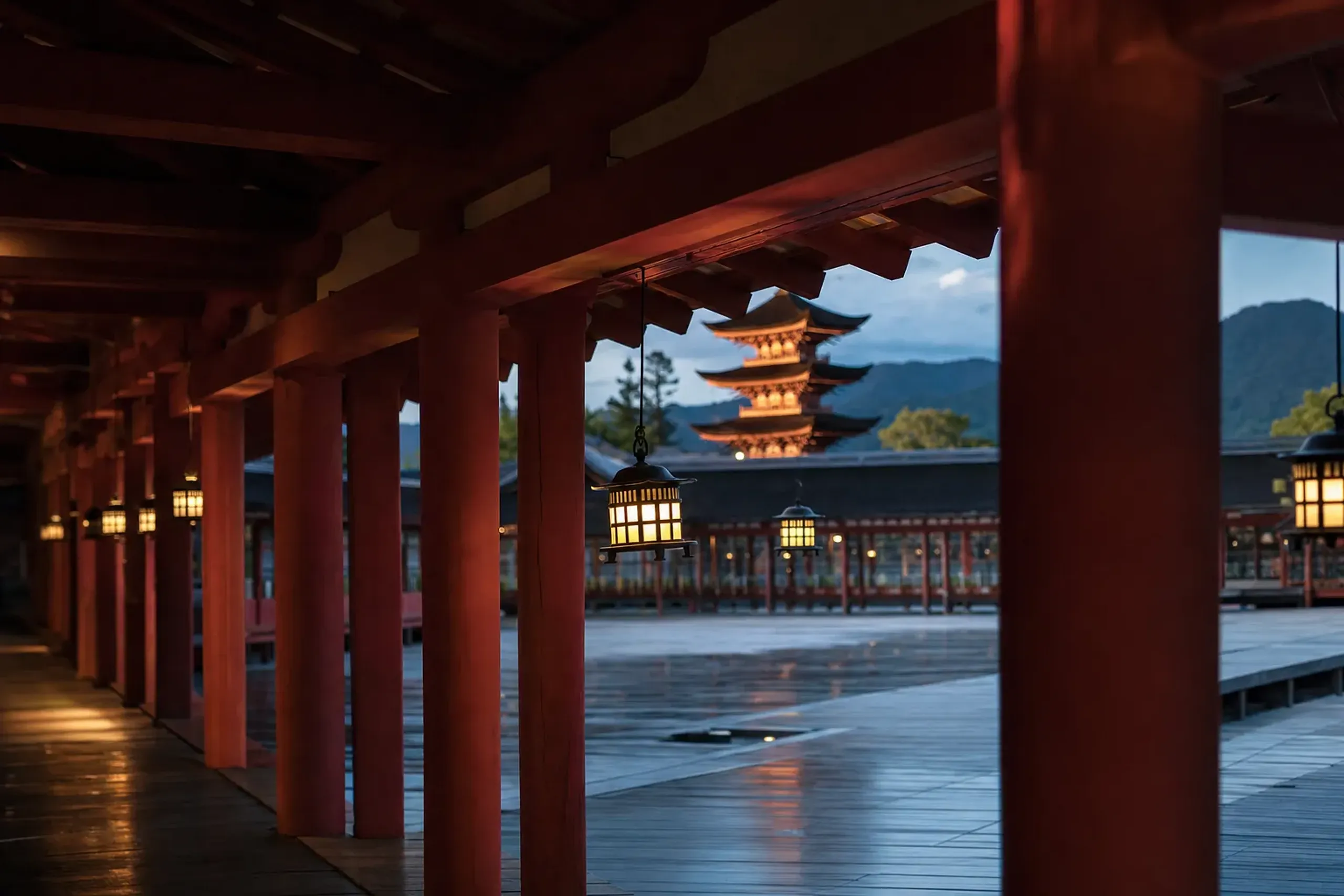 The bracketed eaves and vermilion corridor encircling the central compound of Shitennō-ji, head temple of the Wasō sect
