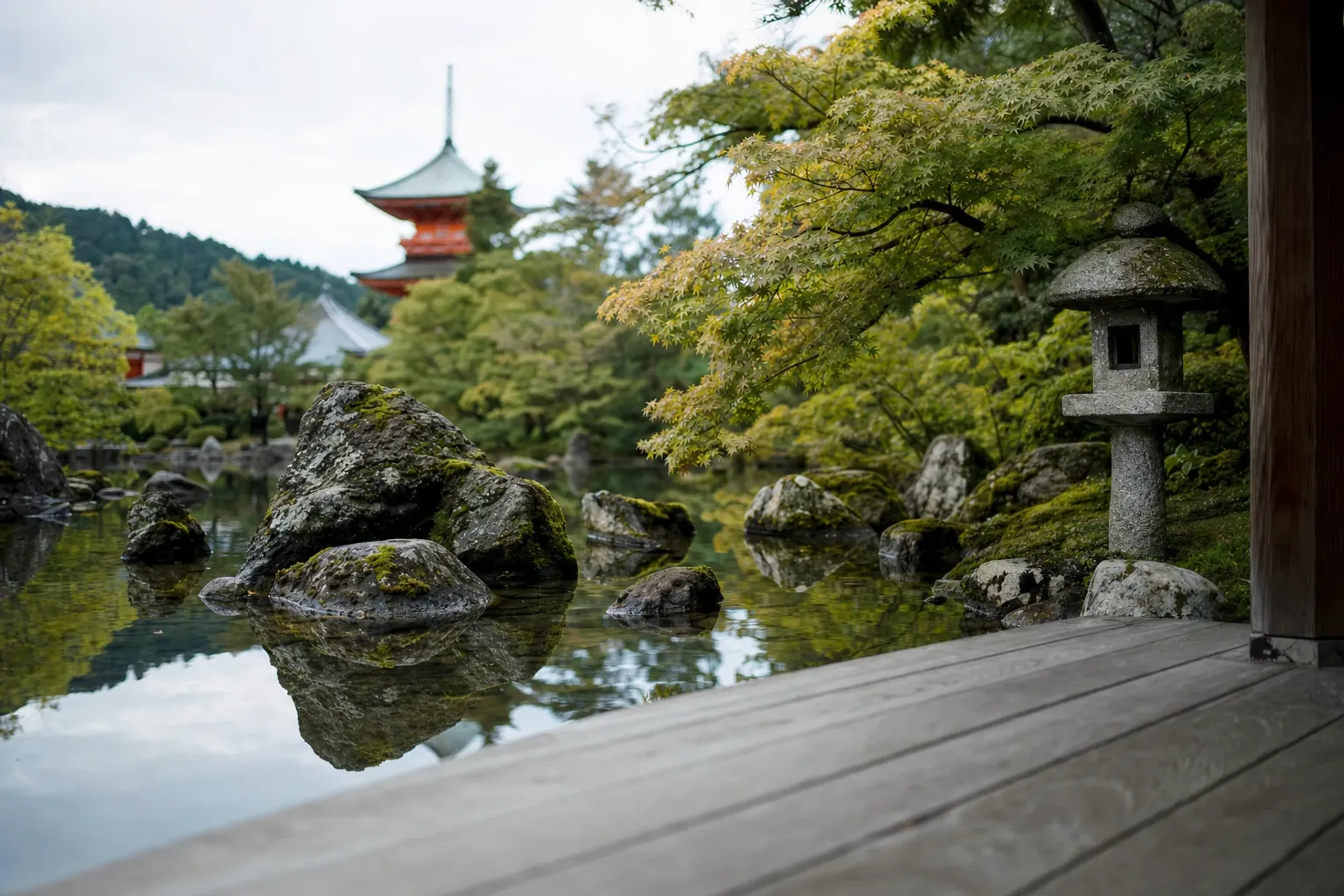 The serene stone-and-water garden within the grounds of Shitennō-ji in Osaka's Tennōji district
