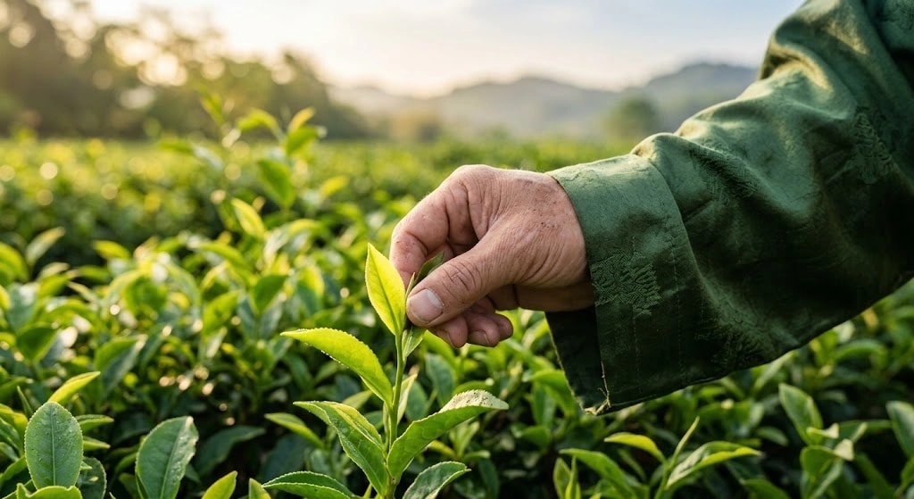 Close-up of a hand plucking a green tea leaf from a tea plantation in bright daylight.