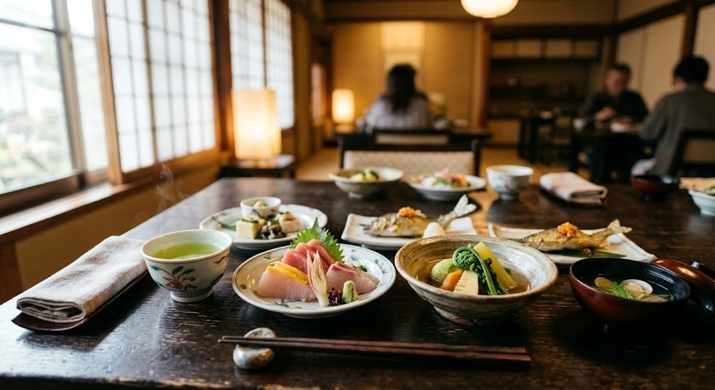 Assorted Japanese dishes on a dark wooden table in a cozy dining room, including sashimi and bowls of soup.