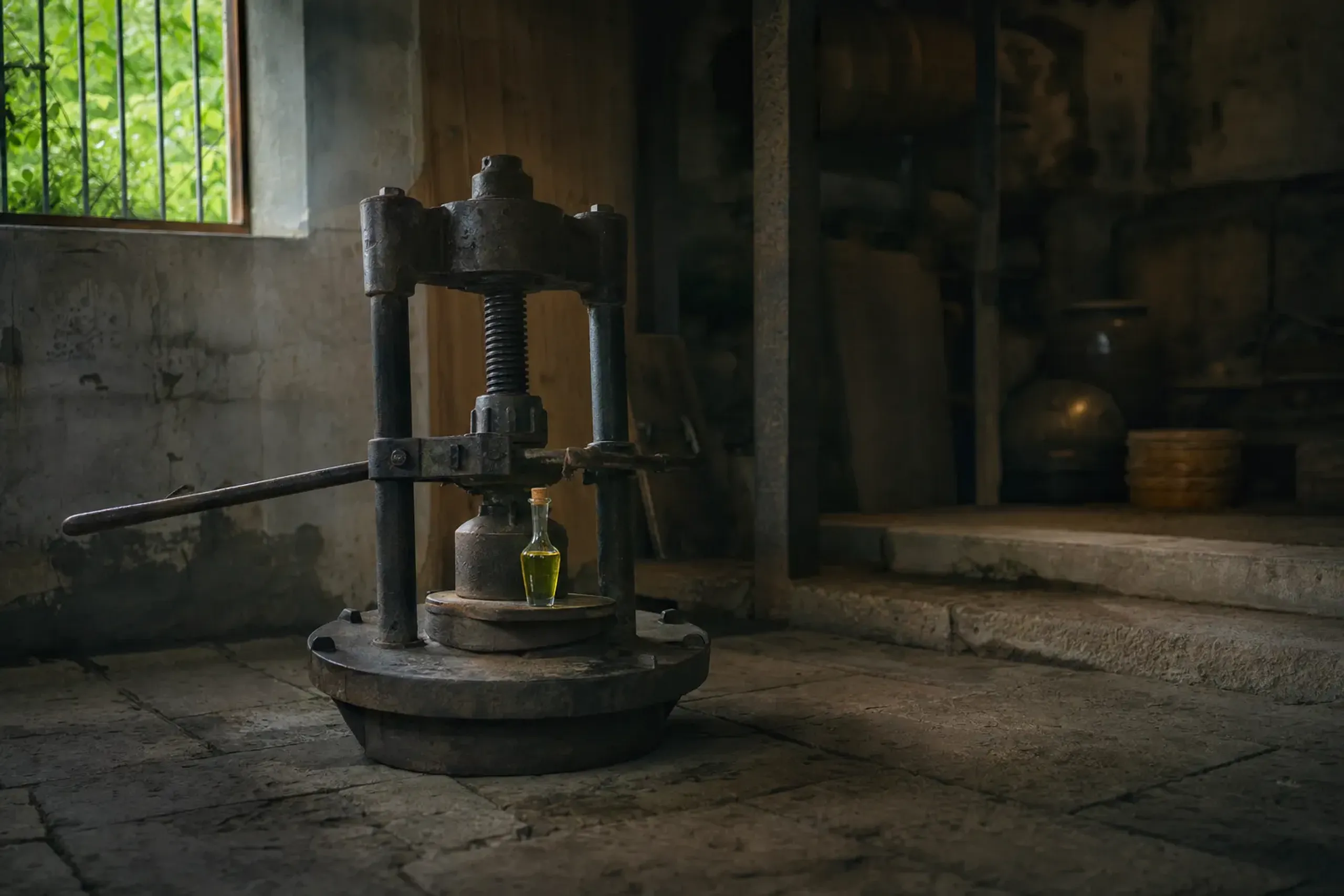 an antique cast-iron olive oil press with a single small bottle of pressed oil, evoking Hyōgo's brief early success