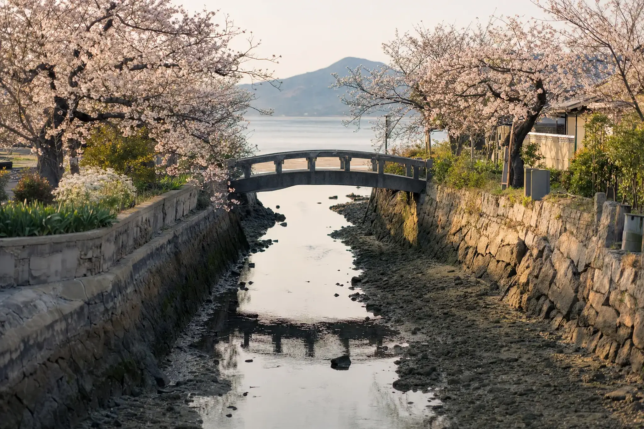 the narrow Dofuchi Strait channel of water separating two landmasses on Shōdoshima, spanned by a small bridge